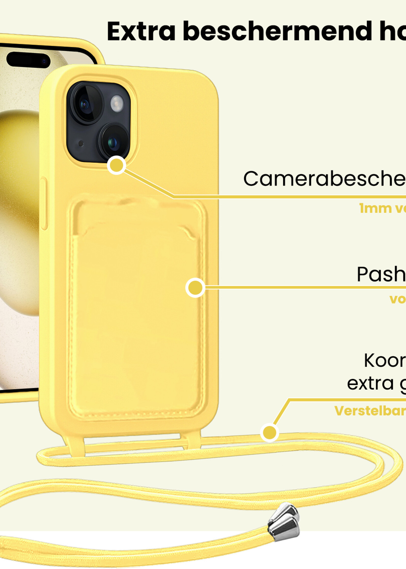 LUQ LUQ iPhone 15 Pro Max Hoesje Pashouder met Koord Met 2x Screenprotector - Geel