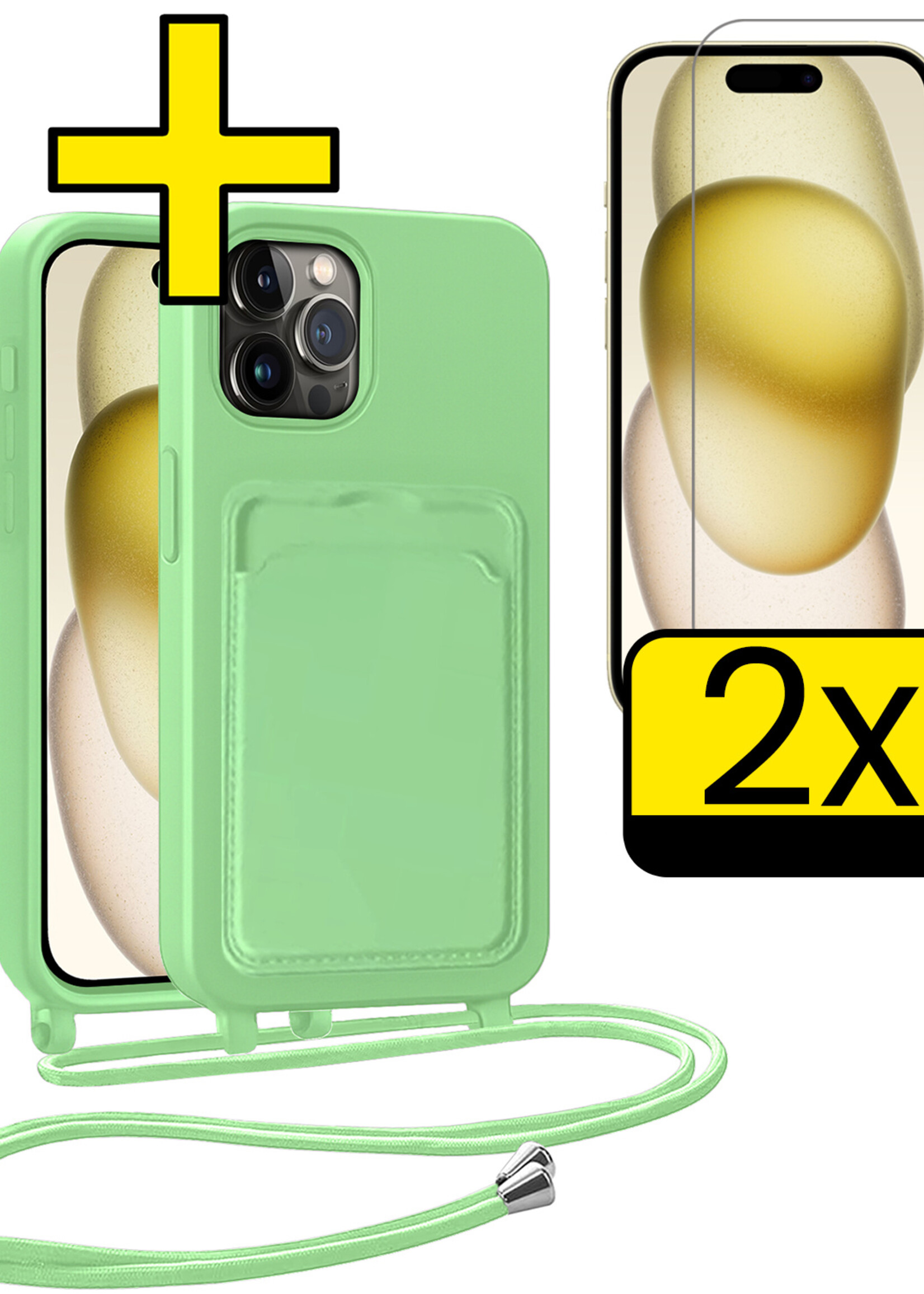 LUQ LUQ iPhone 15 Pro Max Hoesje Pashouder met Koord Met 2x Screenprotector - Groen