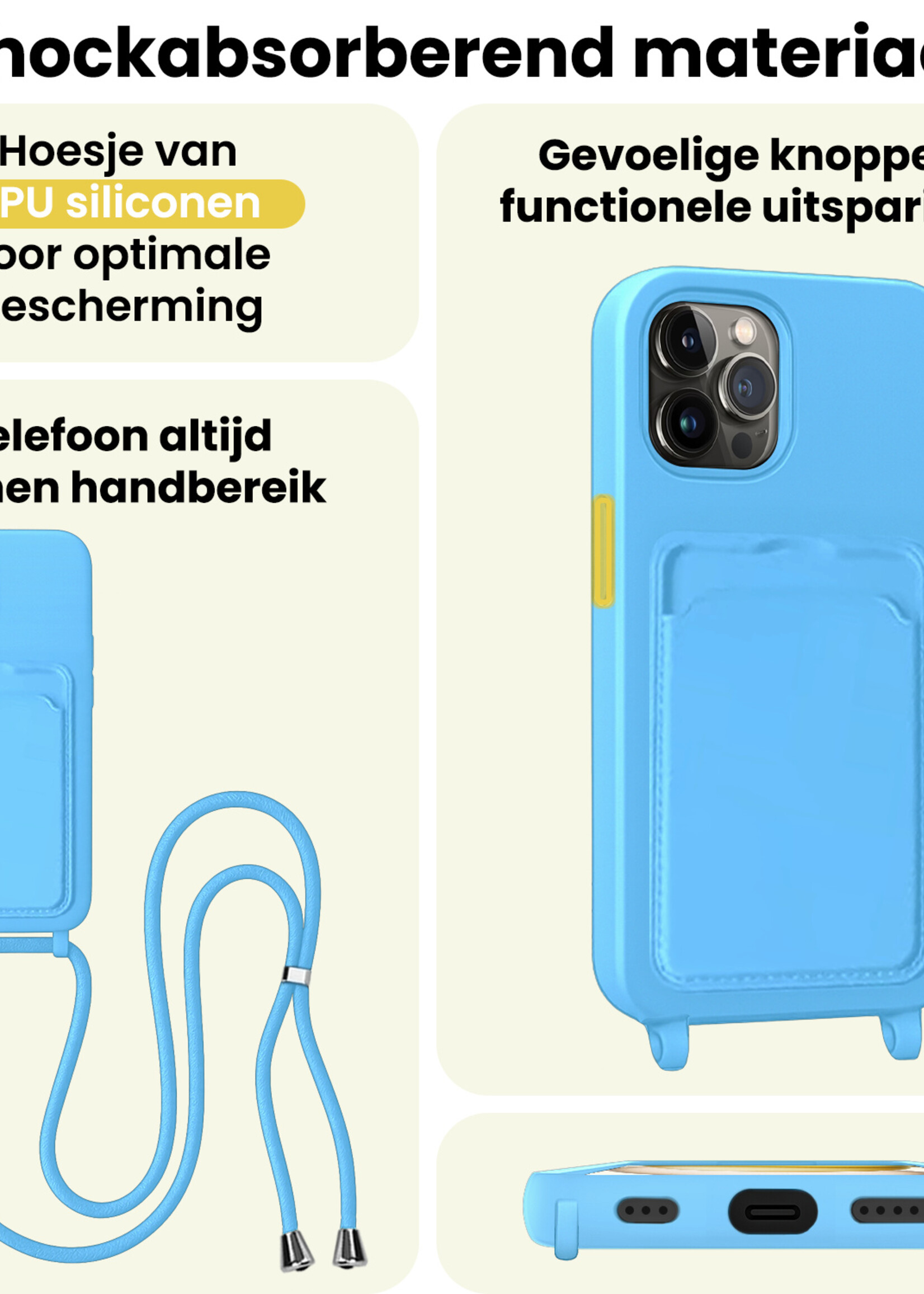 LUQ LUQ iPhone 15 Pro Max Hoesje Pashouder met Koord Met Screenprotector - Lichtblauw