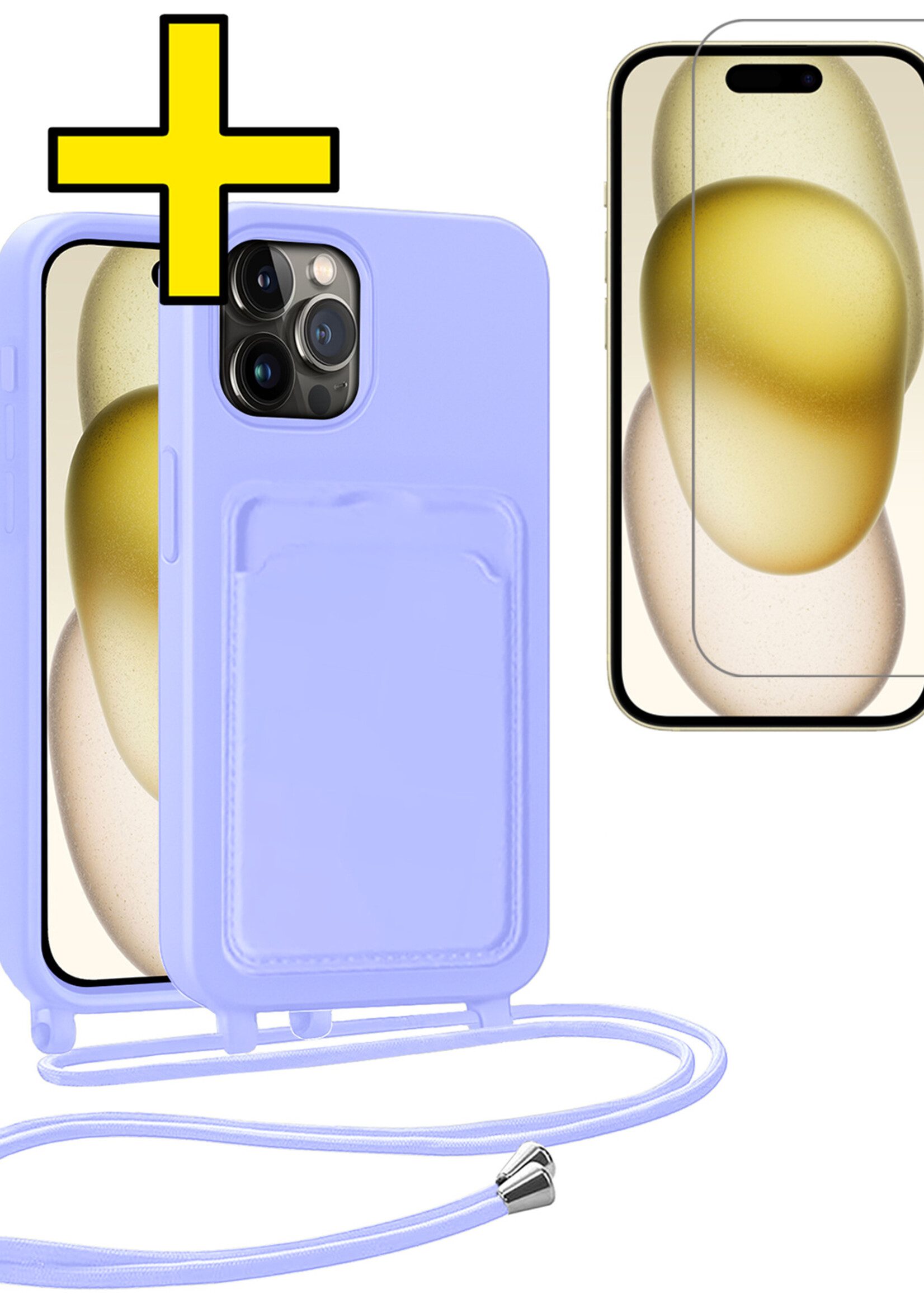 LUQ LUQ iPhone 15 Pro Max Hoesje Pashouder met Koord Met Screenprotector - Lila