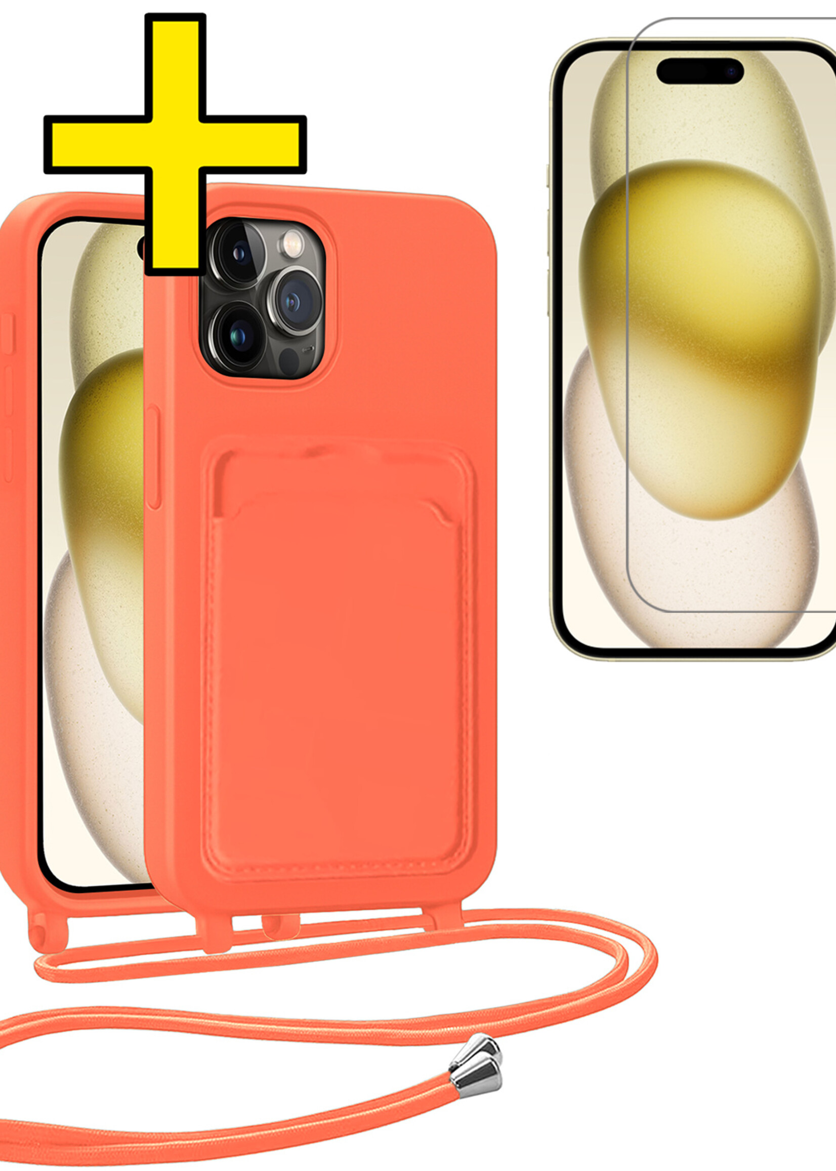 LUQ LUQ iPhone 15 Pro Max Hoesje Pashouder met Koord Met Screenprotector - Papaya