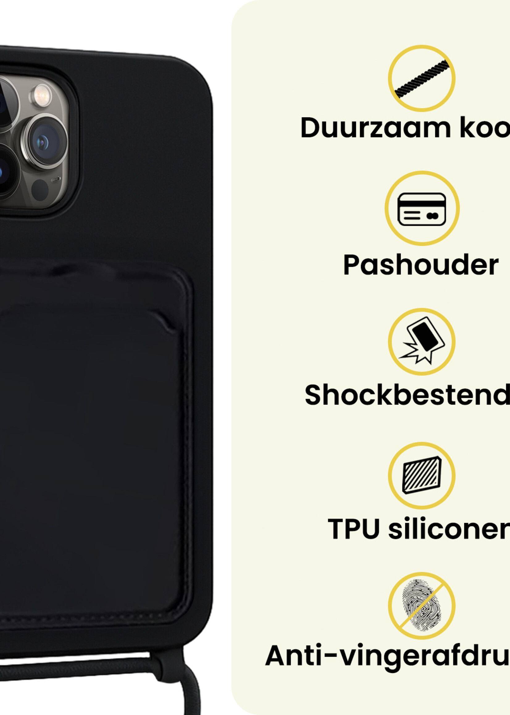 LUQ LUQ iPhone 15 Pro Max Hoesje Pashouder met Koord - Zwart