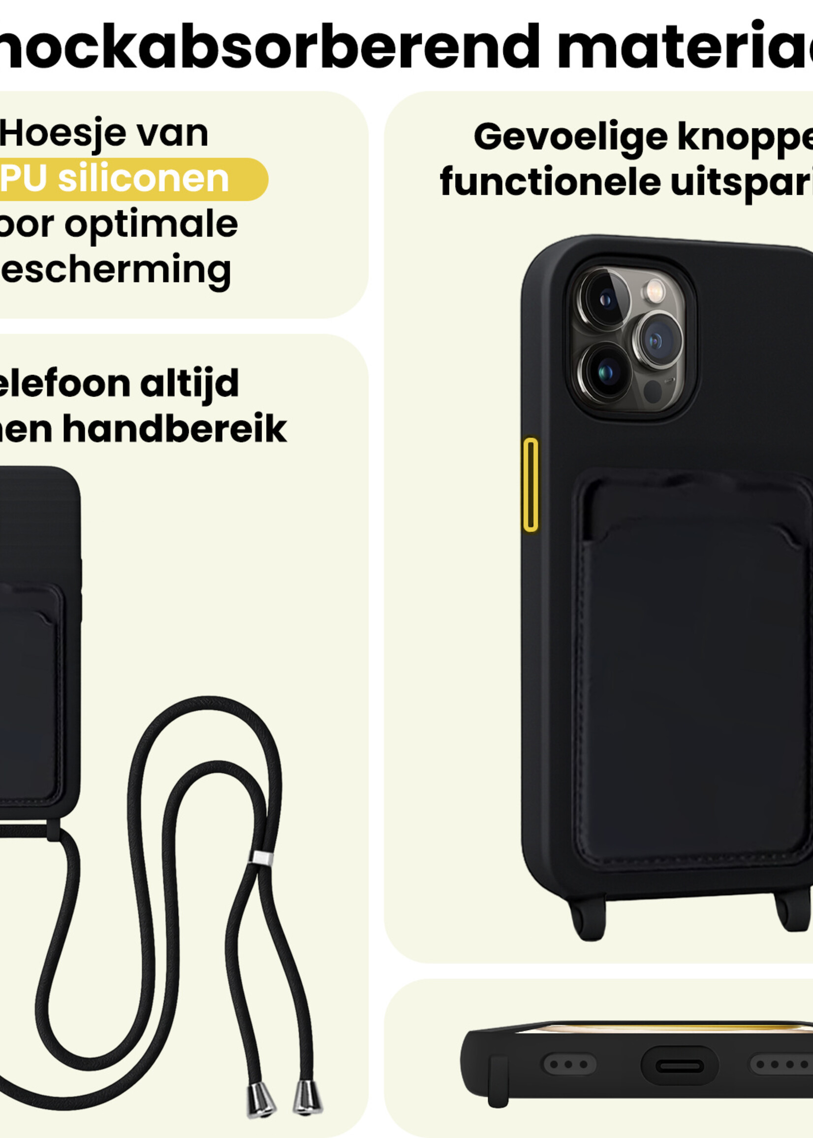 LUQ LUQ iPhone 15 Pro Max Hoesje Pashouder met Koord Met 2x Screenprotector - Zwart