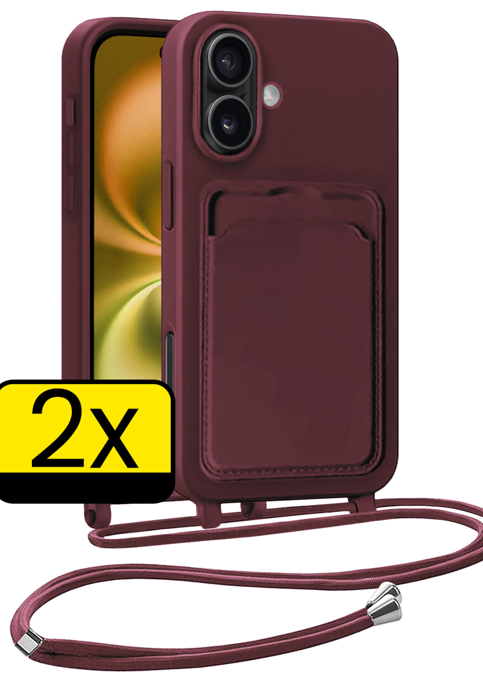LUQ LUQ iPhone 16 Plus Hoesje Pashouder met Koord - Aubergine - 2 PACK