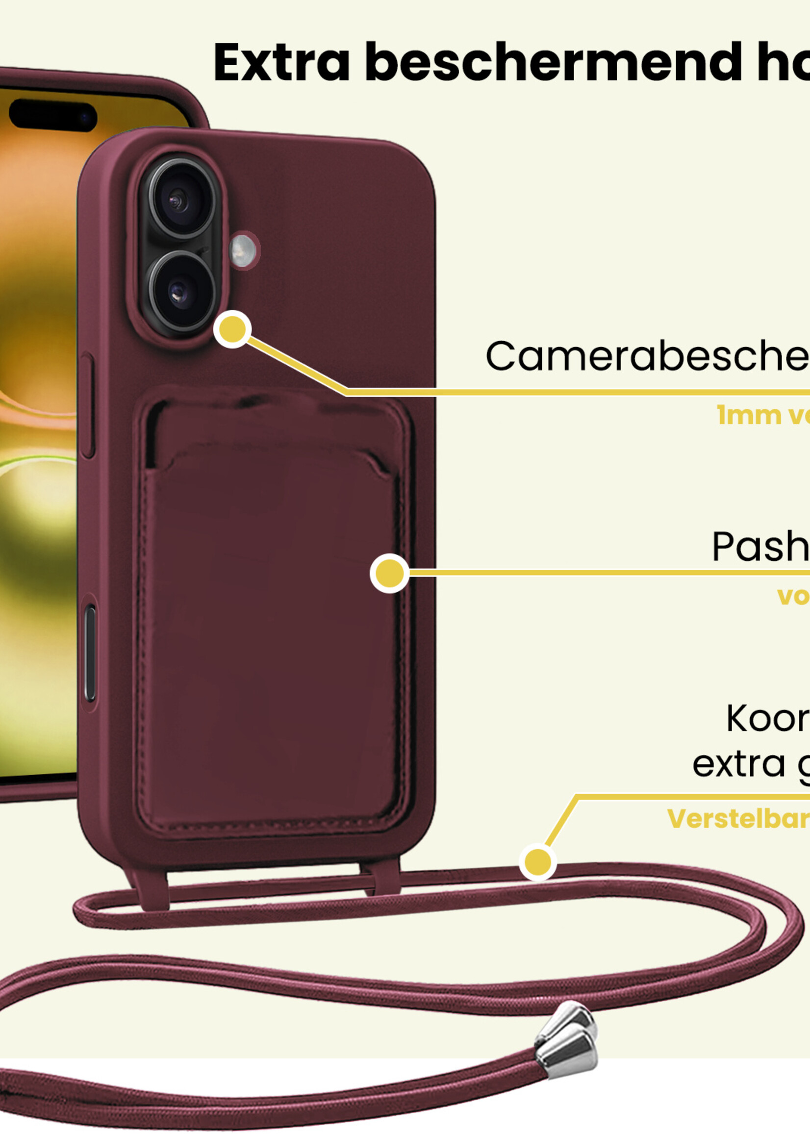 LUQ LUQ iPhone 16 Plus Hoesje Pashouder met Koord Met Screenprotector - Aubergine