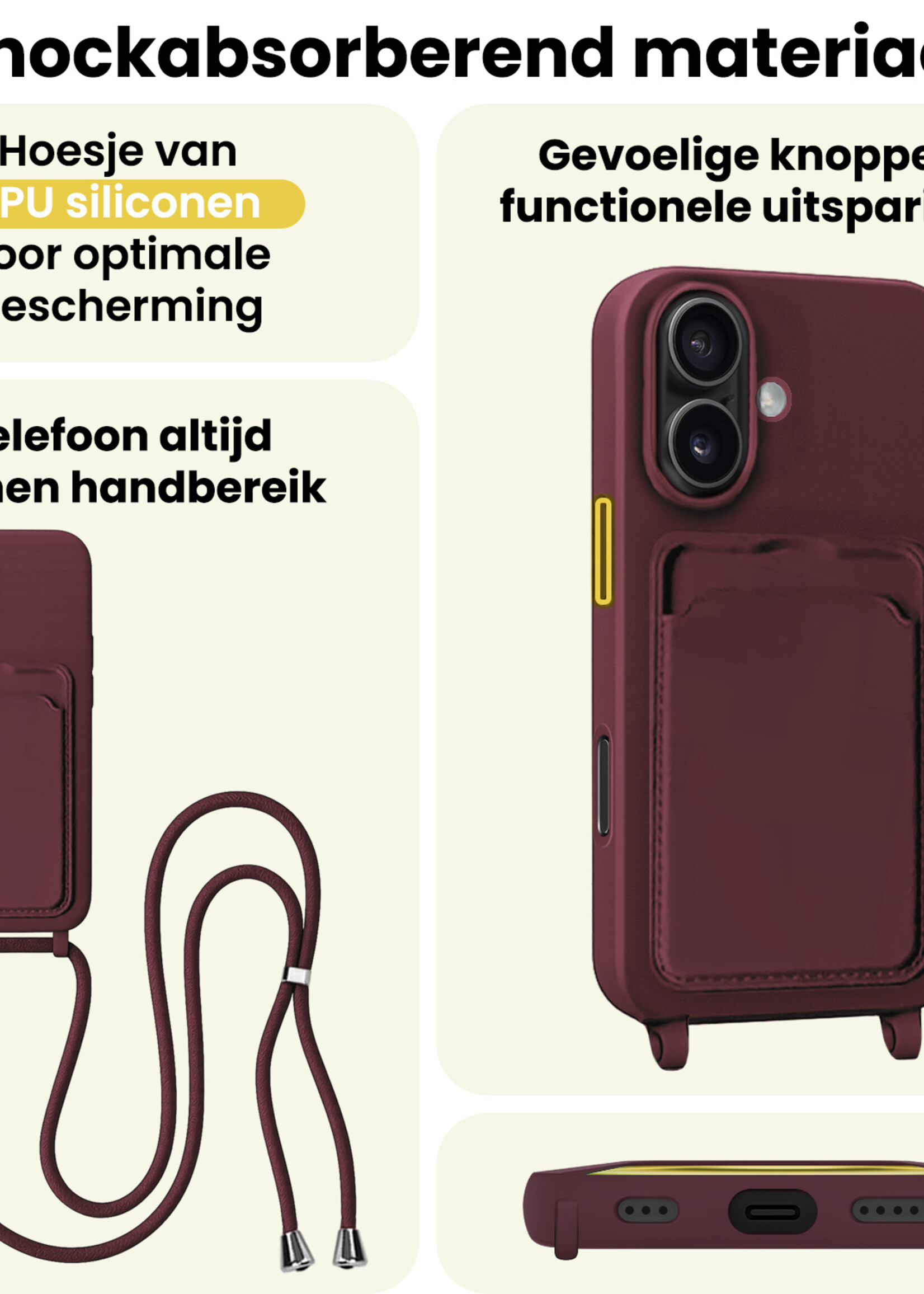 LUQ LUQ iPhone 16 Plus Hoesje Pashouder met Koord Met 2x Screenprotector - Aubergine