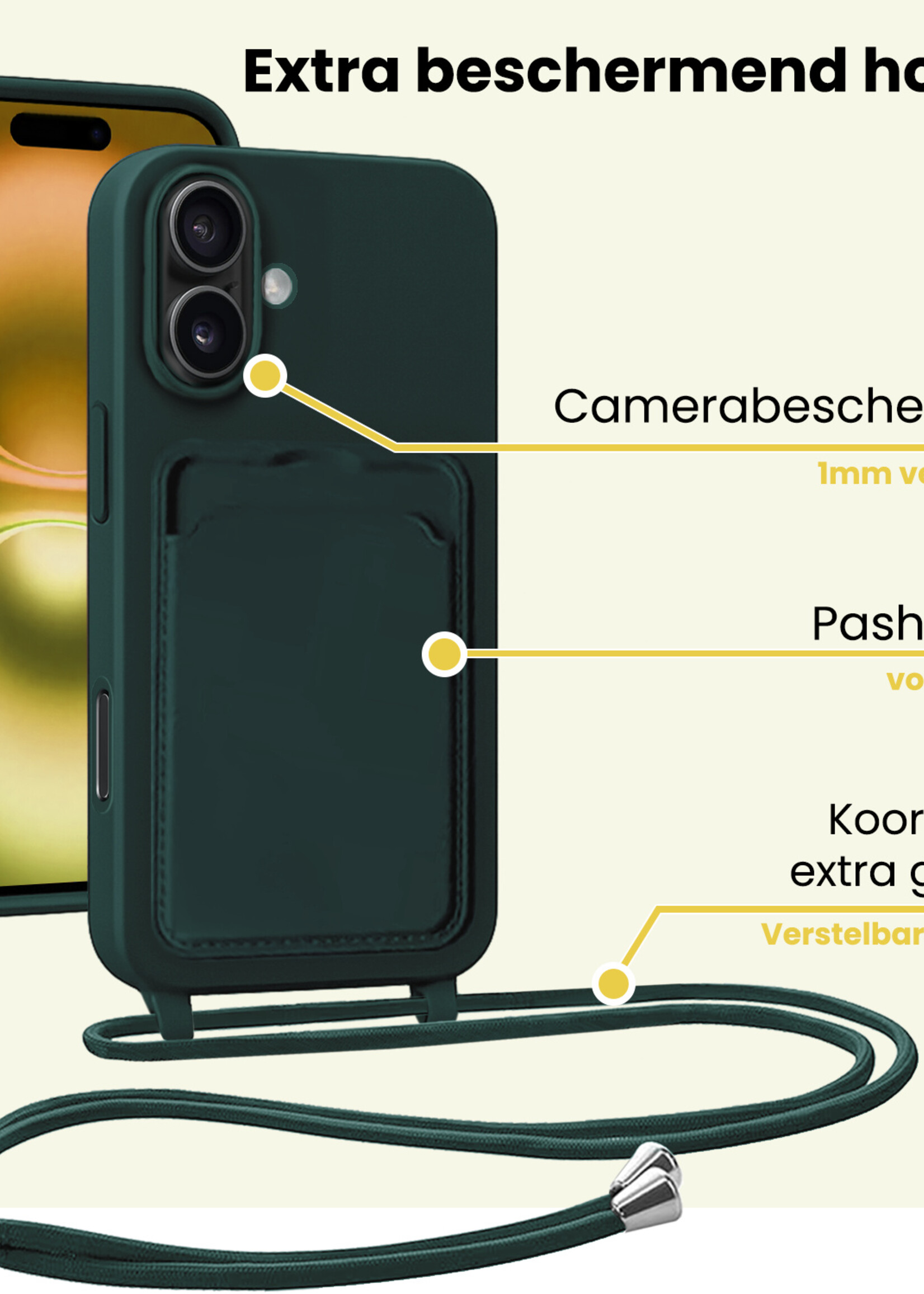 LUQ LUQ iPhone 16 Plus Hoesje Pashouder met Koord - Donkergroen - 2 PACK