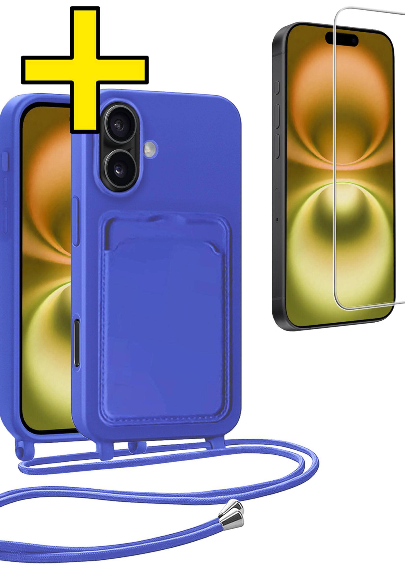 LUQ LUQ iPhone 16 Plus Hoesje Pashouder met Koord Met Screenprotector - Fel Blauw