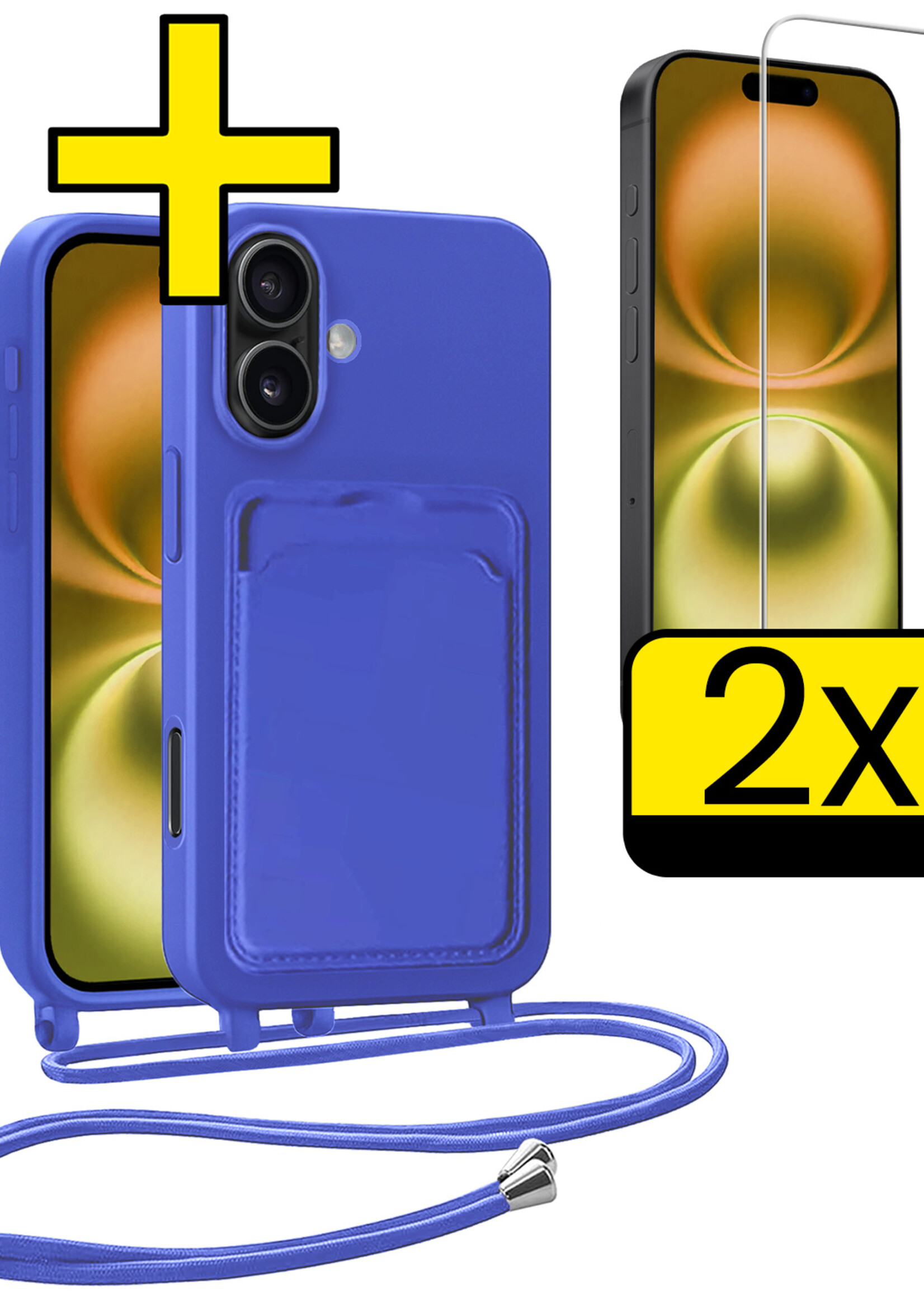 LUQ LUQ iPhone 16 Plus Hoesje Pashouder met Koord Met 2x Screenprotector - Fel Blauw