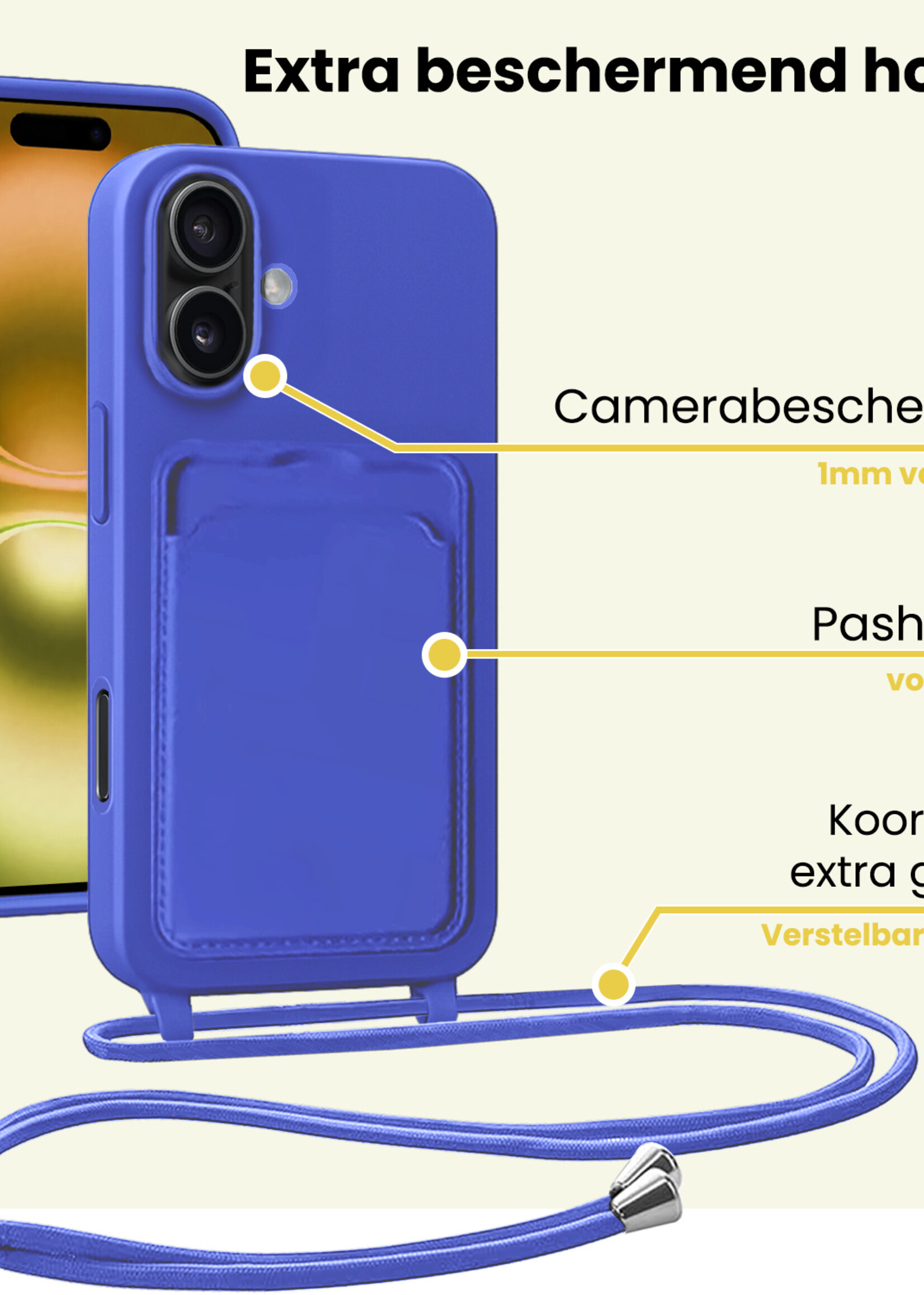 LUQ LUQ iPhone 16 Plus Hoesje Pashouder met Koord Met 2x Screenprotector - Fel Blauw