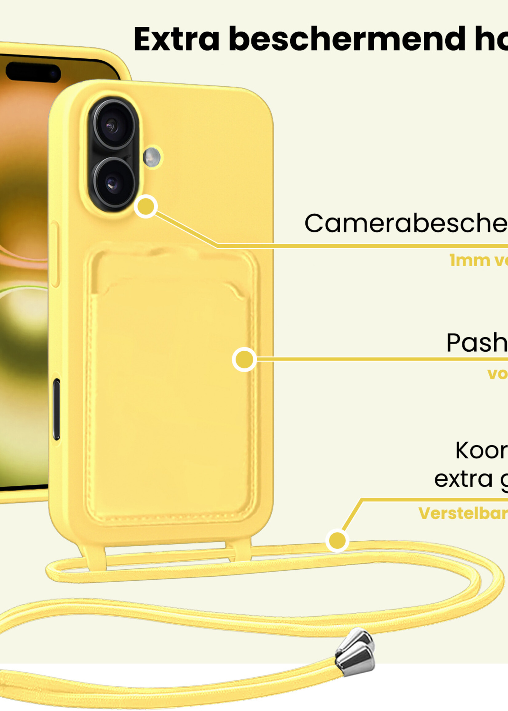 LUQ LUQ iPhone 16 Plus Hoesje Pashouder met Koord - Geel