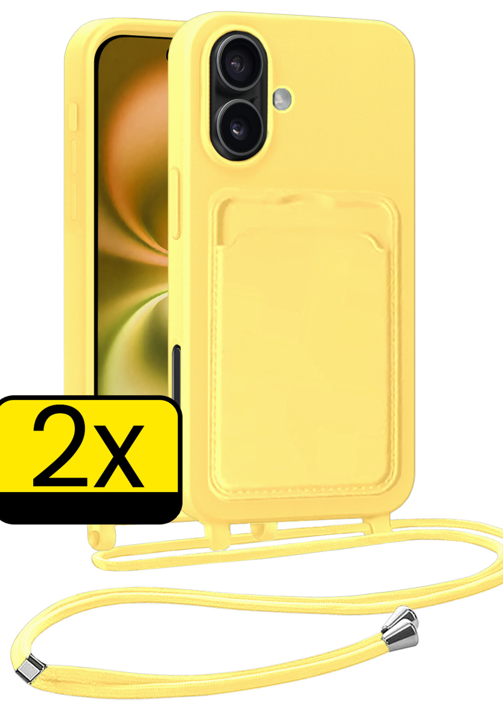 LUQ LUQ iPhone 16 Plus Hoesje Pashouder met Koord - Geel - 2 PACK
