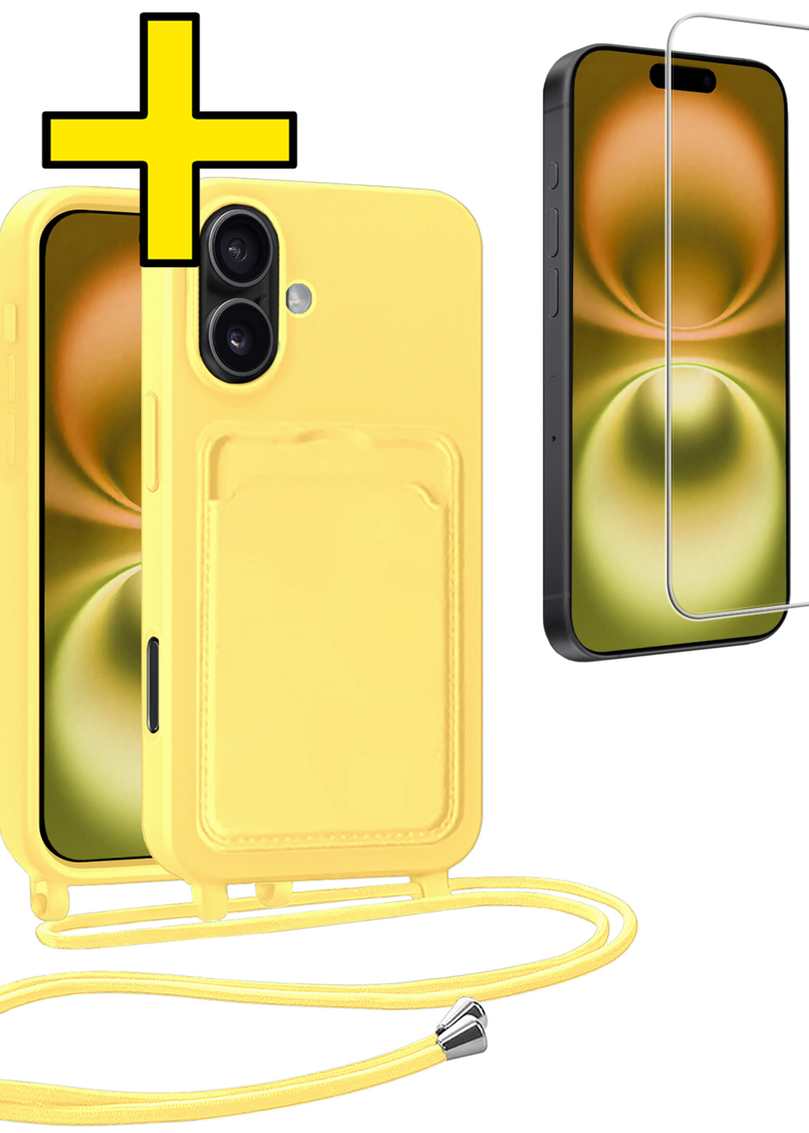 LUQ LUQ iPhone 16 Plus Hoesje Pashouder met Koord Met Screenprotector - Geel