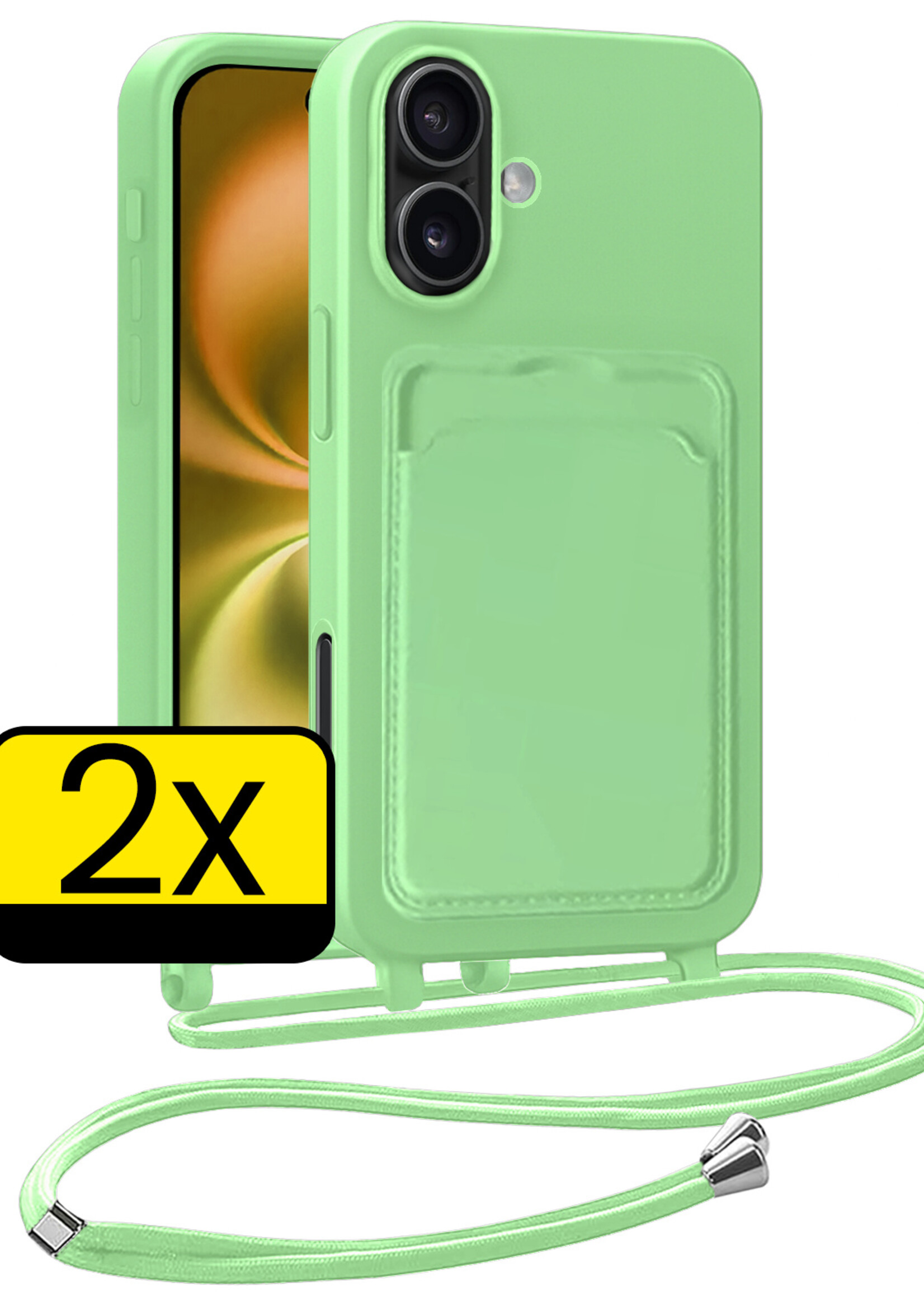 LUQ LUQ iPhone 16 Plus Hoesje Pashouder met Koord - Groen - 2 PACK
