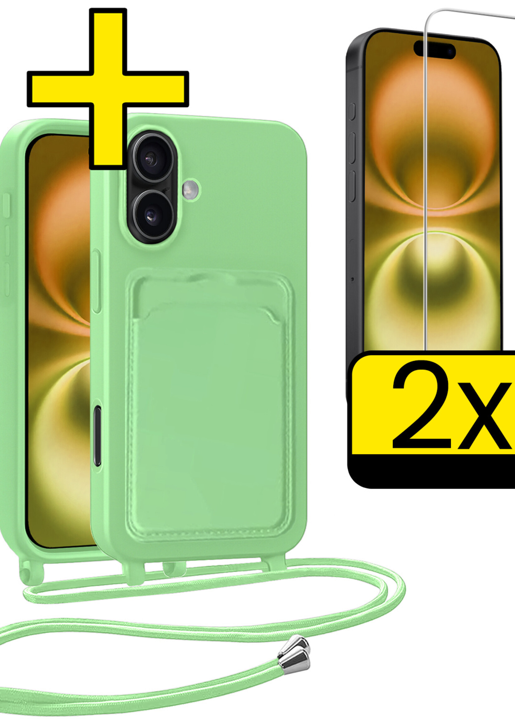 LUQ LUQ iPhone 16 Plus Hoesje Pashouder met Koord Met 2x Screenprotector - Groen