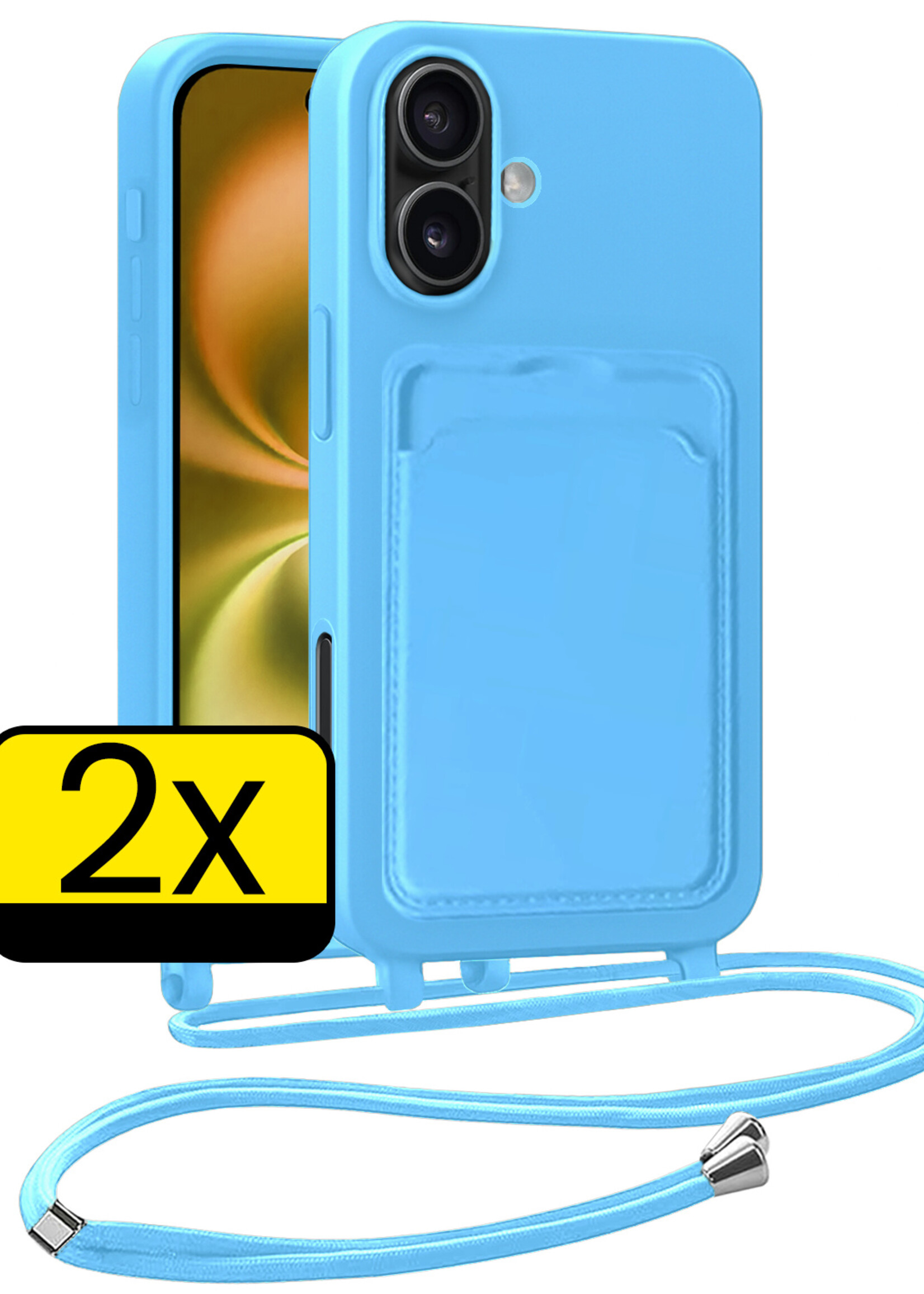 LUQ LUQ iPhone 16 Plus Hoesje Pashouder met Koord - Lichtblauw - 2 PACK