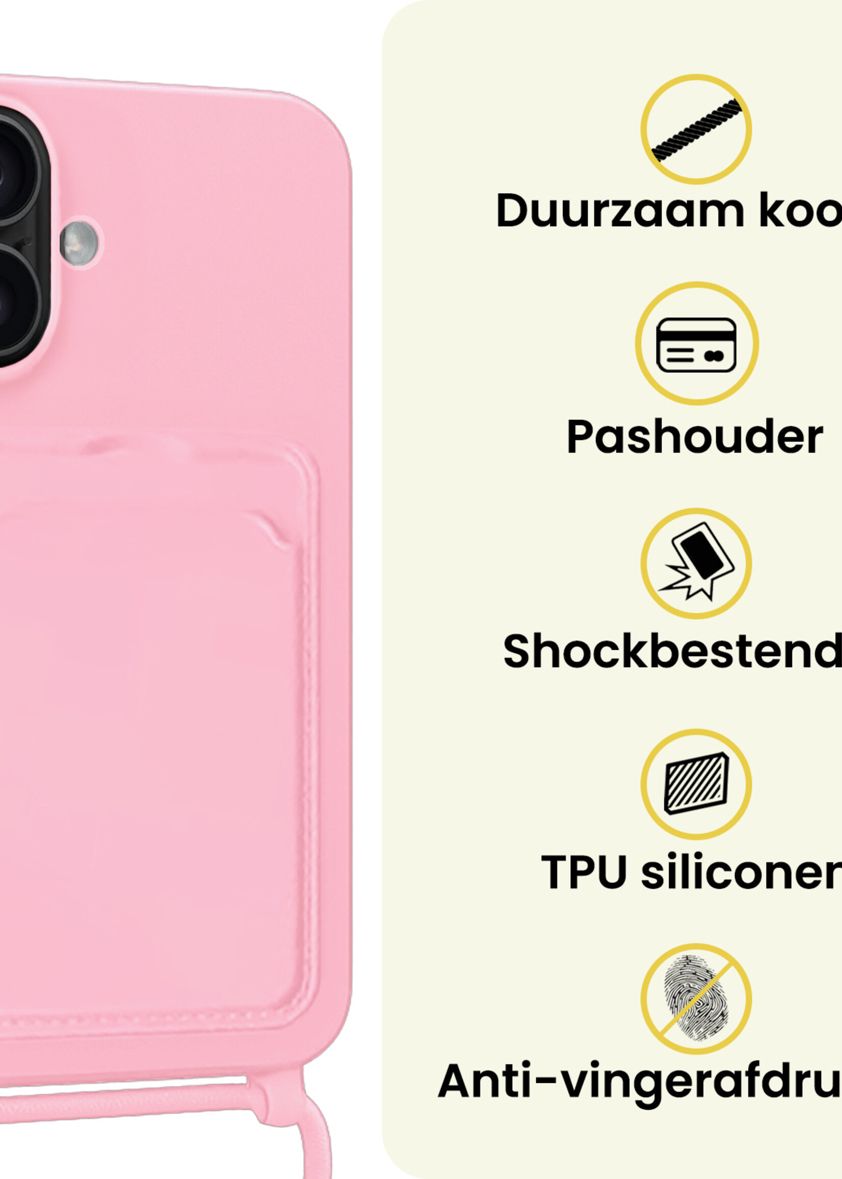 LUQ LUQ iPhone 16 Plus Hoesje Pashouder met Koord Met Screenprotector - Lichtroze