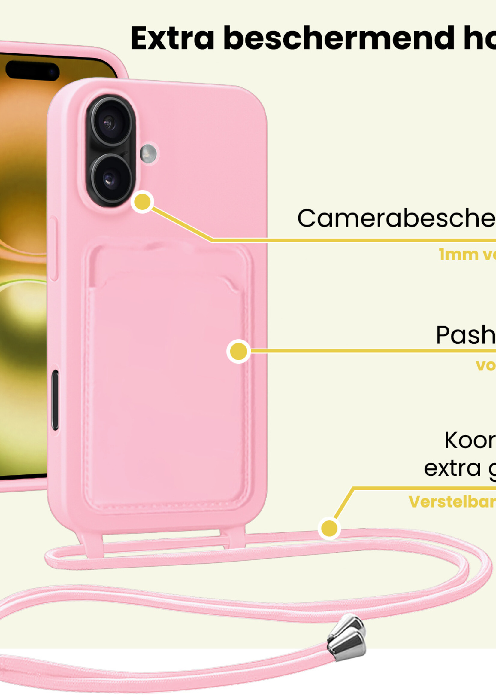 LUQ LUQ iPhone 16 Plus Hoesje Pashouder met Koord Met 2x Screenprotector - Lichtroze