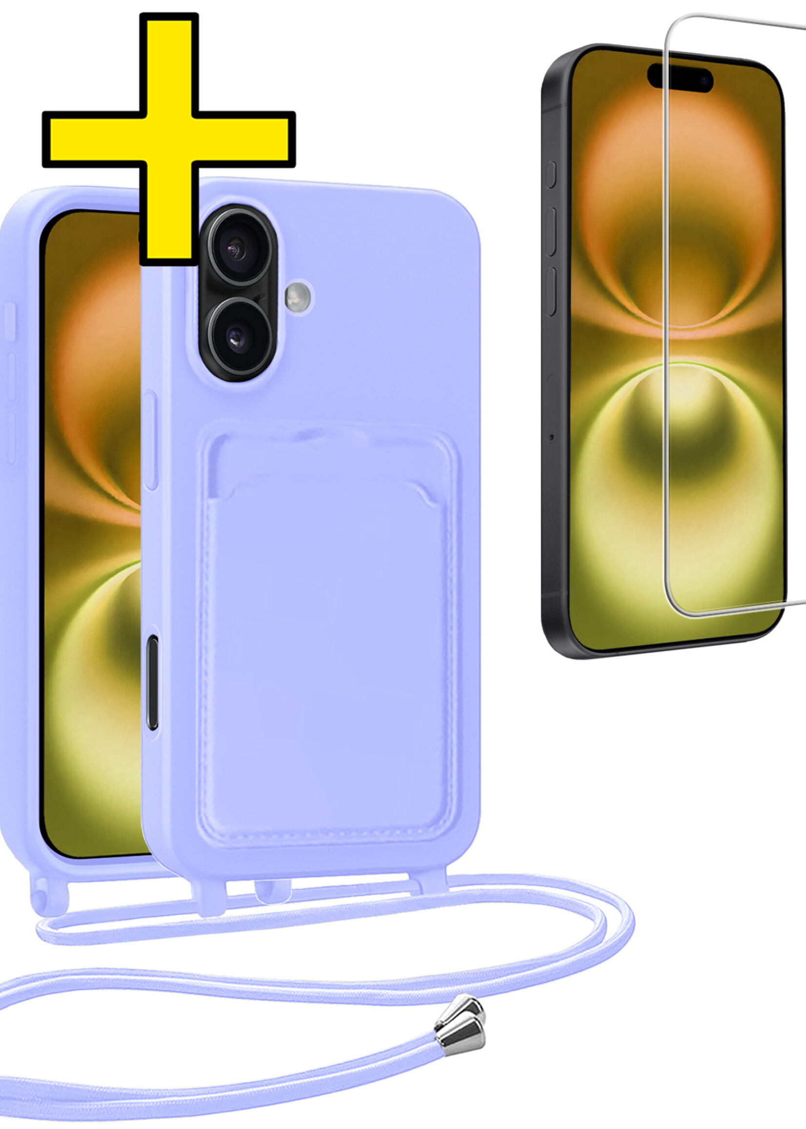 LUQ LUQ iPhone 16 Plus Hoesje Pashouder met Koord Met Screenprotector - Lila