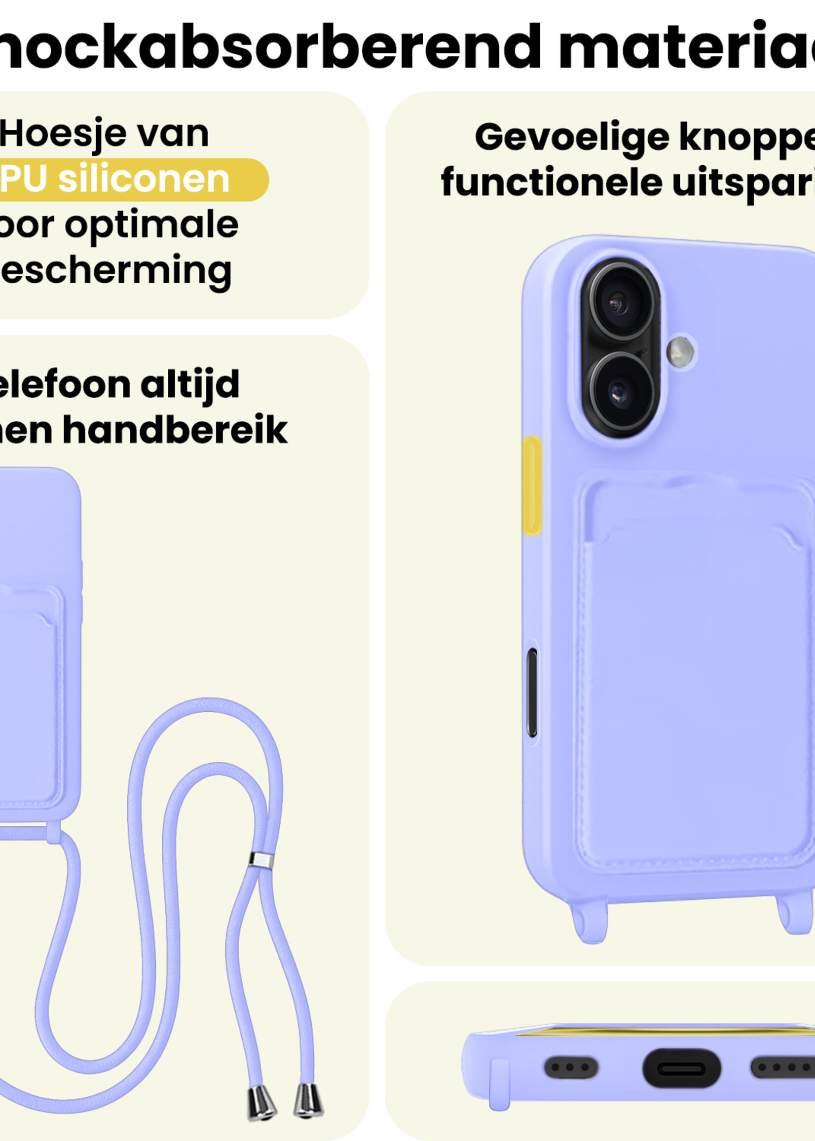 LUQ LUQ iPhone 16 Plus Hoesje Pashouder met Koord Met 2x Screenprotector - Lila