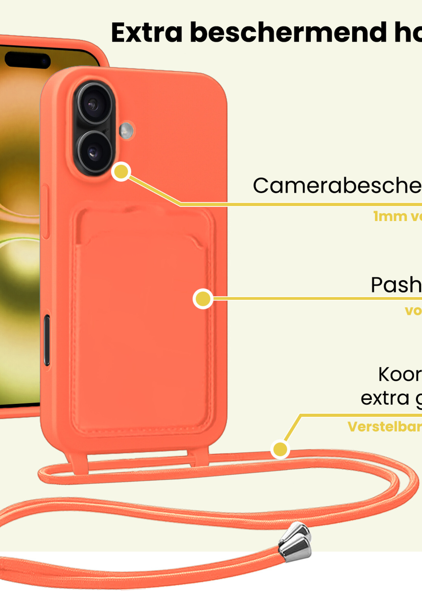 LUQ LUQ iPhone 16 Plus Hoesje Pashouder met Koord - Papaya