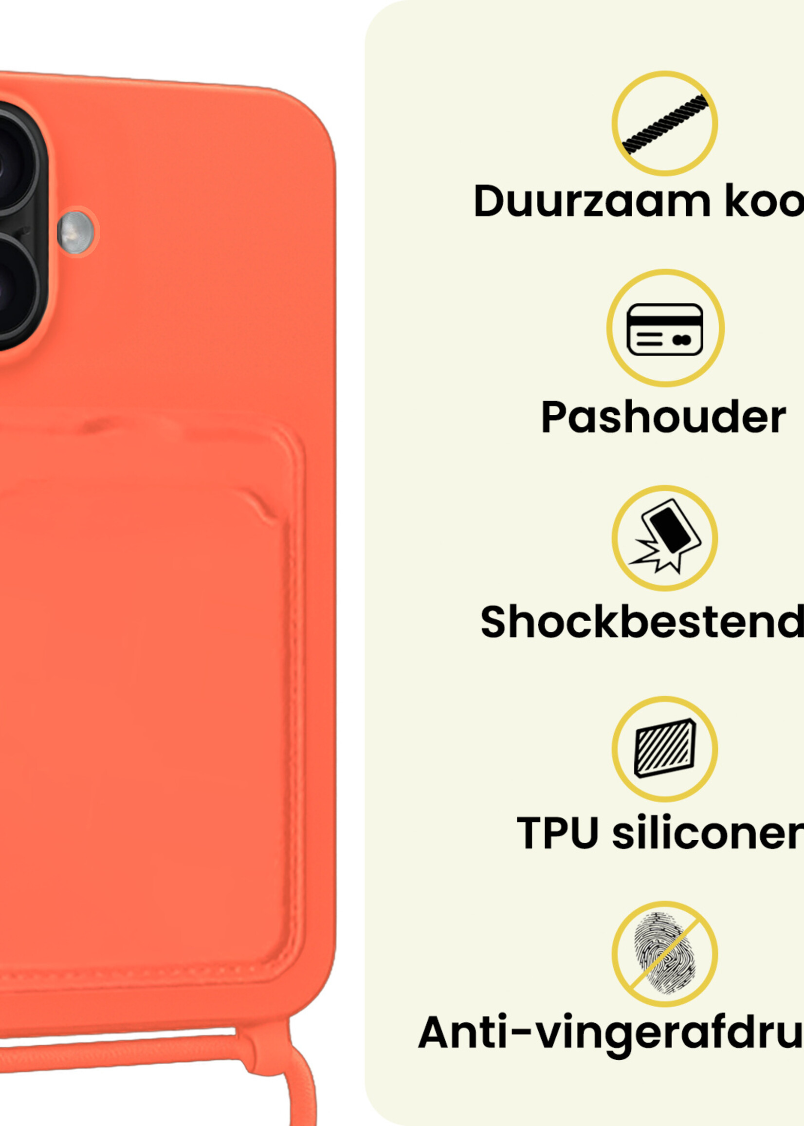 LUQ LUQ iPhone 16 Plus Hoesje Pashouder met Koord Met 2x Screenprotector - Papaya