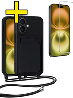 LUQ LUQ iPhone 16 Plus Hoesje Pashouder met Koord Met Screenprotector - Zwart