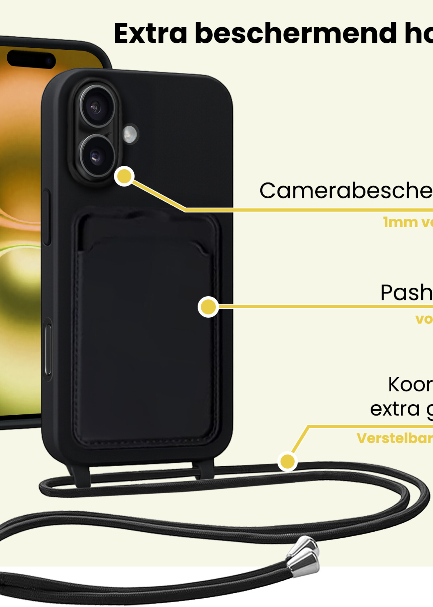 LUQ LUQ iPhone 16 Plus Hoesje Pashouder met Koord Met Screenprotector - Zwart