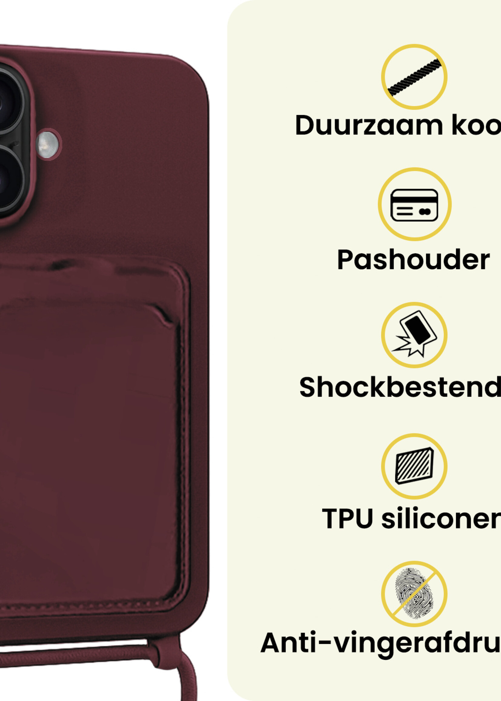 LUQ LUQ iPhone 16 Hoesje Pashouder met Koord - Aubergine - 2 PACK