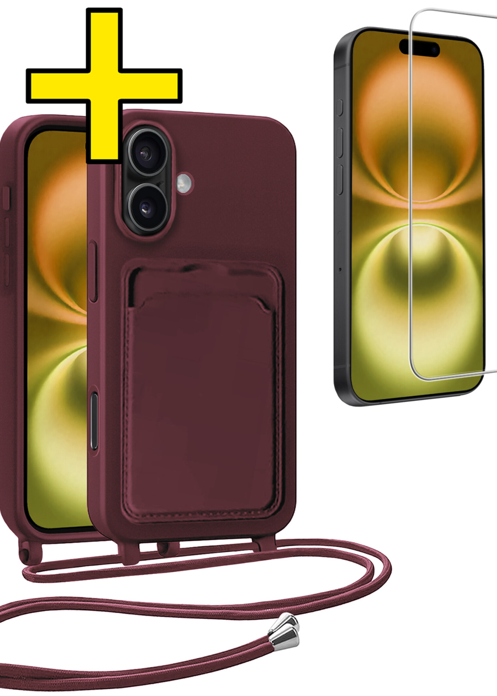 LUQ LUQ iPhone 16 Hoesje Pashouder met Koord Met Screenprotector - Aubergine