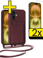 LUQ LUQ iPhone 16 Hoesje Pashouder met Koord Met 2x Screenprotector - Aubergine