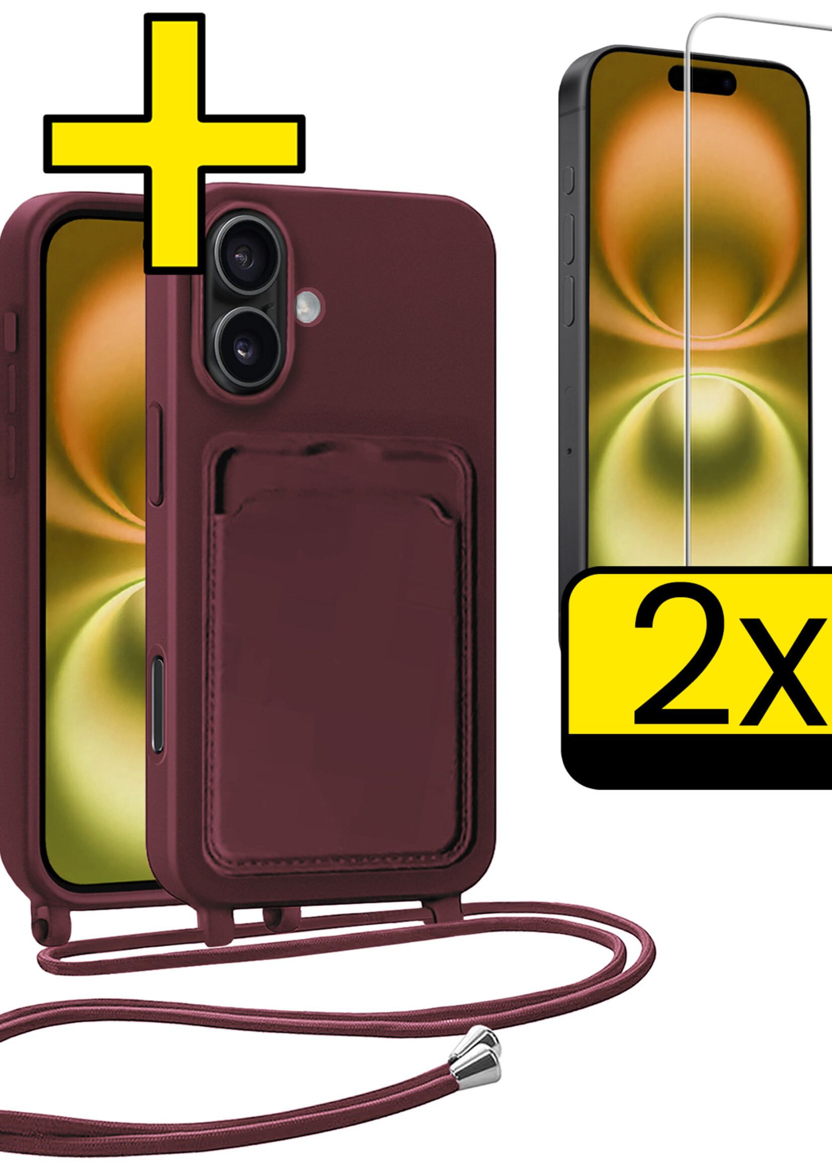 LUQ LUQ iPhone 16 Hoesje Pashouder met Koord Met 2x Screenprotector - Aubergine