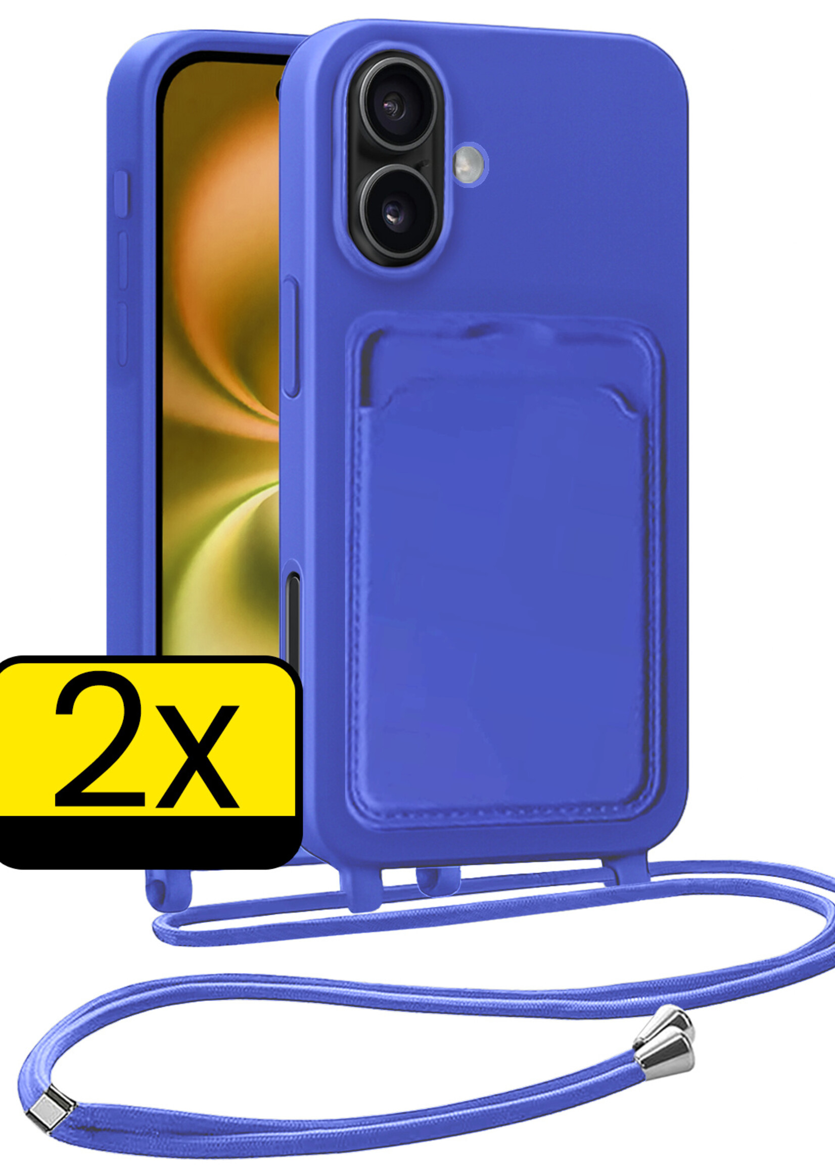 LUQ LUQ iPhone 16 Hoesje Pashouder met Koord - Fel Blauw - 2 PACK