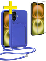 LUQ LUQ iPhone 16 Hoesje Pashouder met Koord Met Screenprotector - Fel Blauw