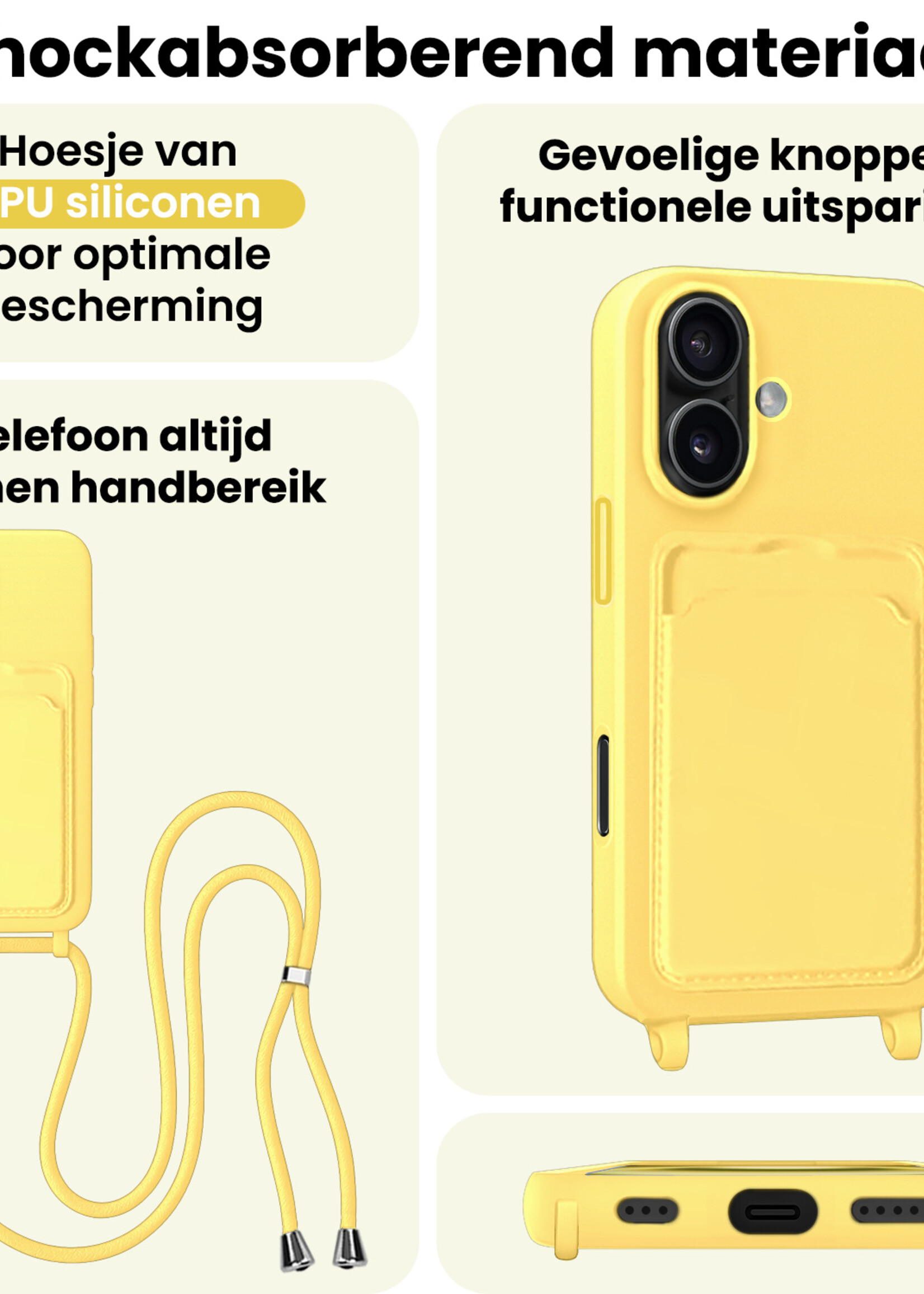 LUQ LUQ iPhone 16 Hoesje Pashouder met Koord Met Screenprotector - Geel