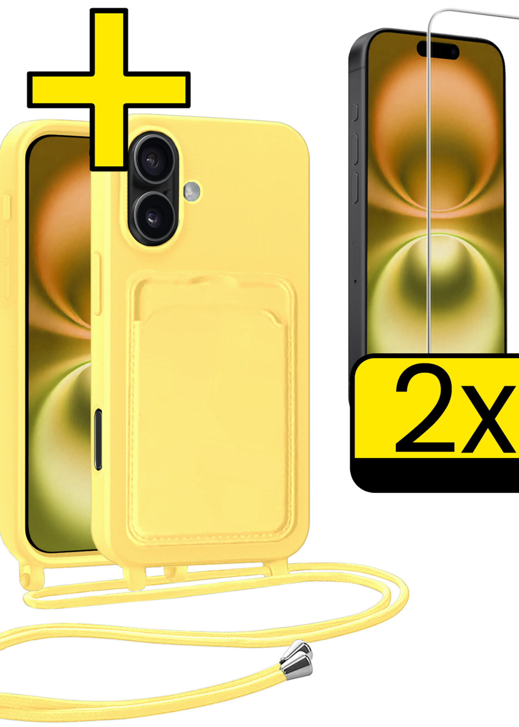 LUQ LUQ iPhone 16 Hoesje Pashouder met Koord Met 2x Screenprotector - Geel