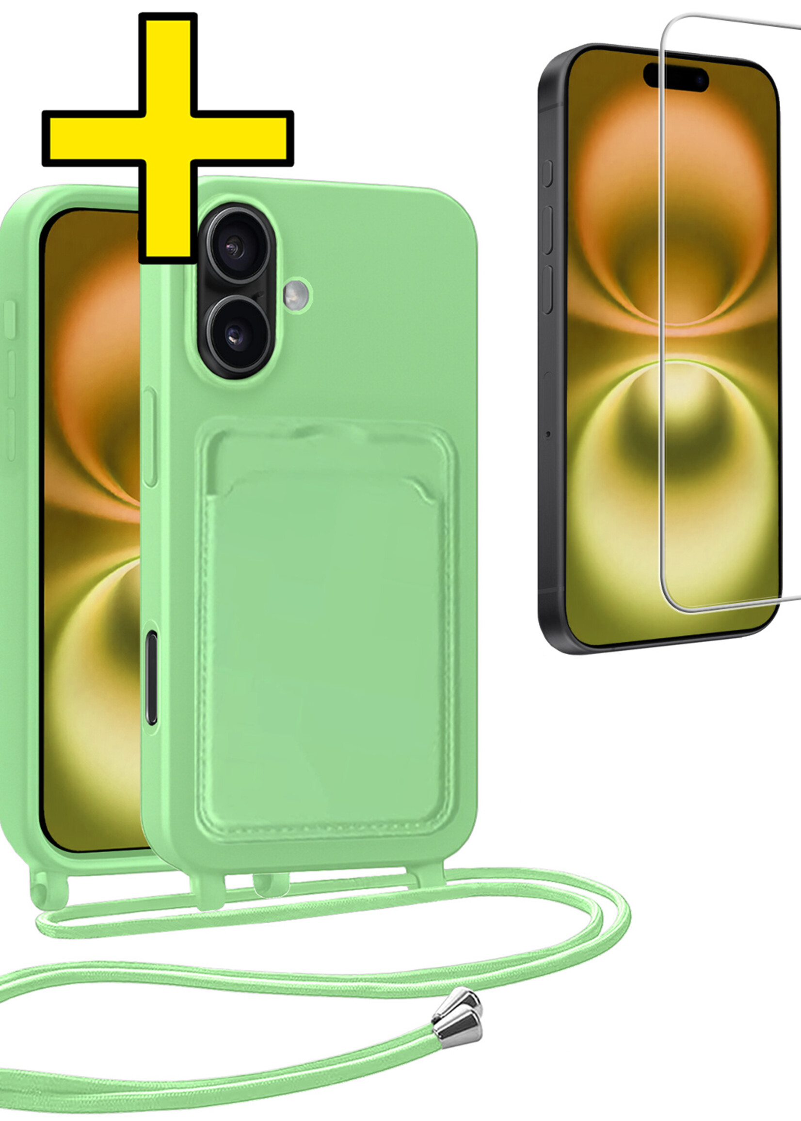 LUQ LUQ iPhone 16 Hoesje Pashouder met Koord Met Screenprotector - Groen