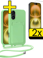 LUQ LUQ iPhone 16 Hoesje Pashouder met Koord Met 2x Screenprotector - Groen