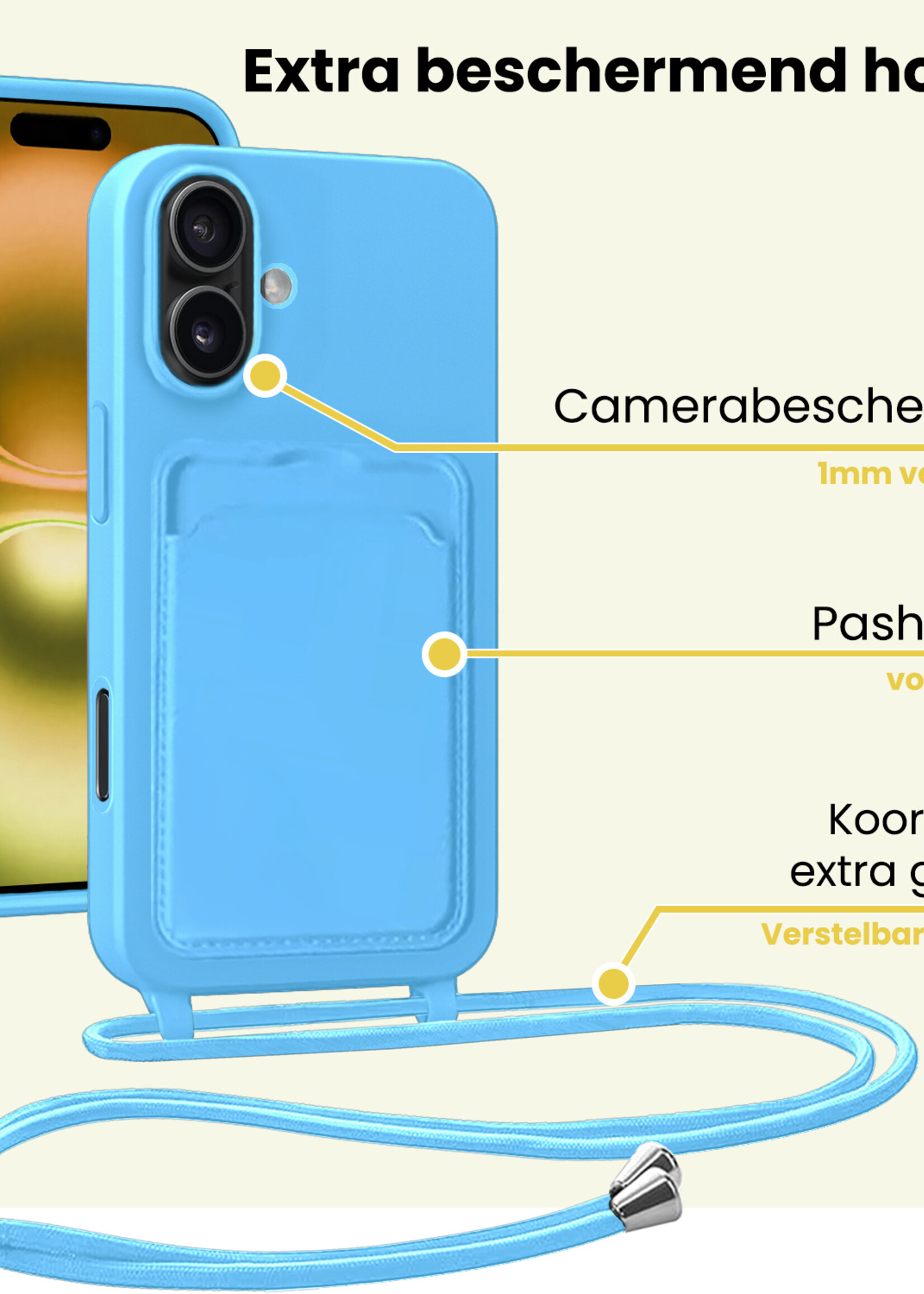 LUQ LUQ iPhone 16 Hoesje Pashouder met Koord - Lichtblauw - 2 PACK