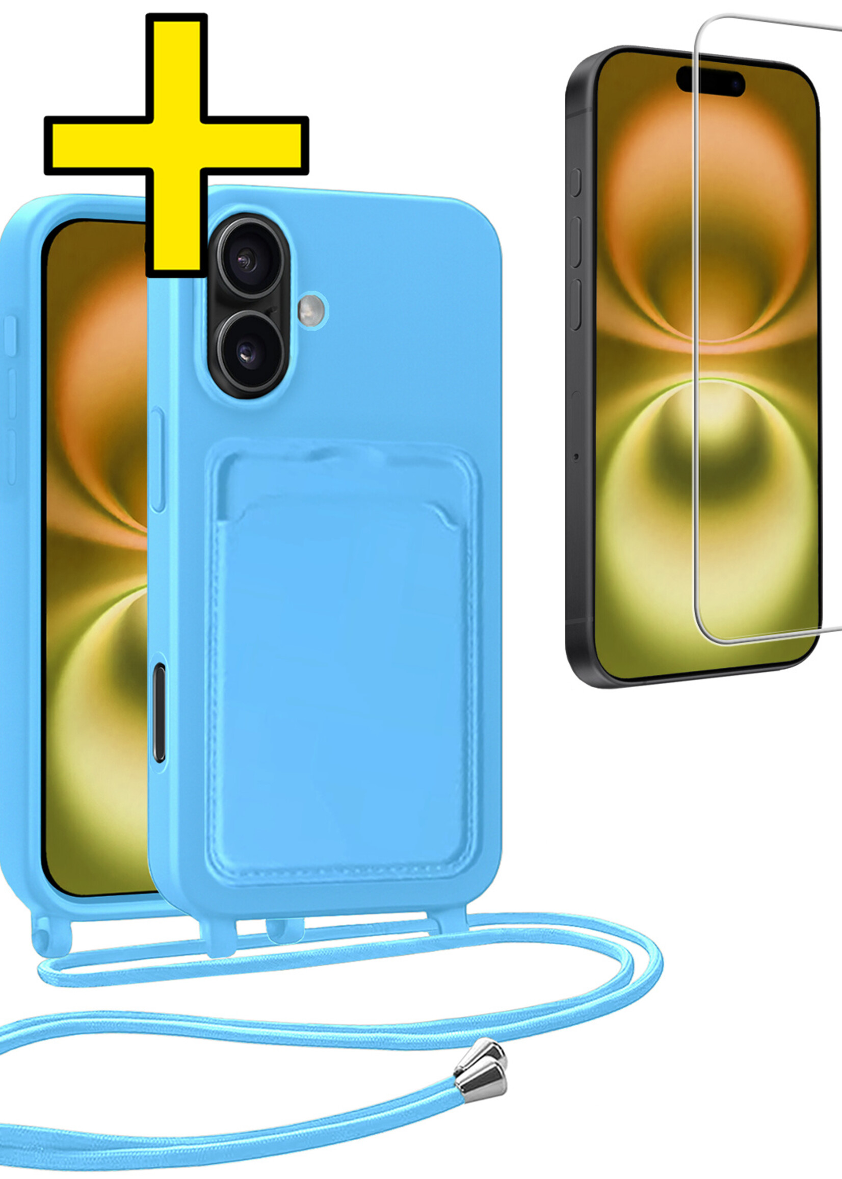 LUQ LUQ iPhone 16 Hoesje Pashouder met Koord Met Screenprotector - Lichtblauw
