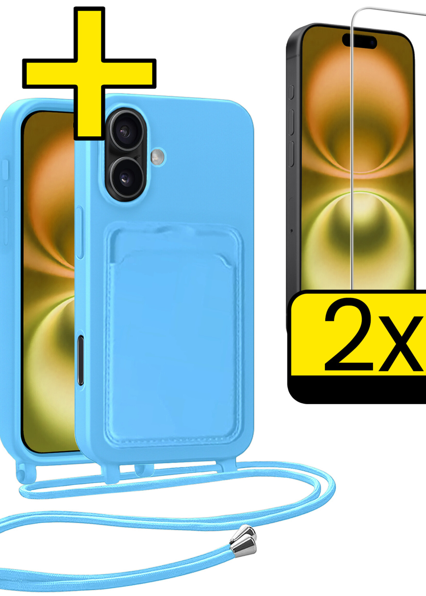LUQ LUQ iPhone 16 Hoesje Pashouder met Koord Met 2x Screenprotector - Lichtblauw