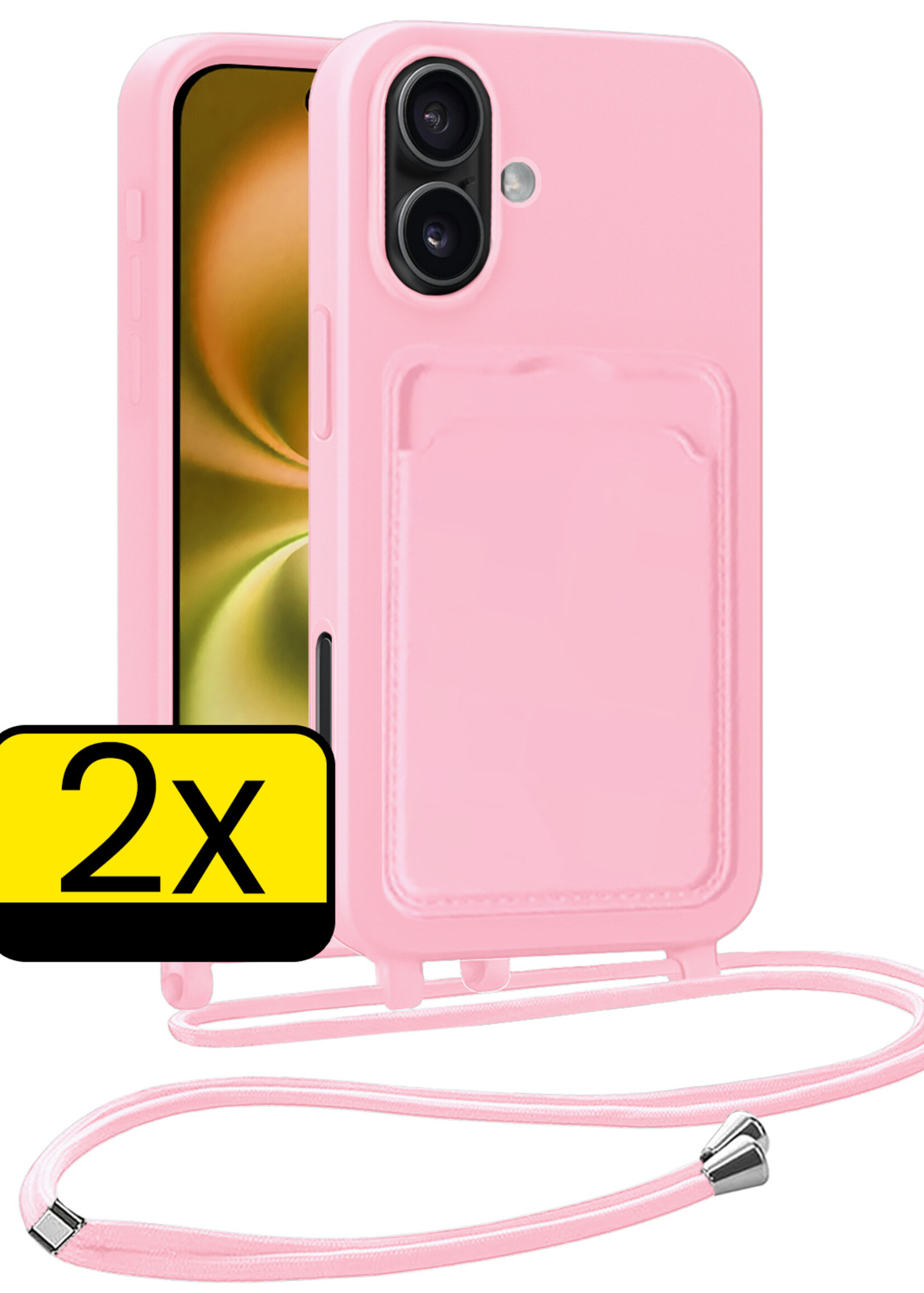 LUQ LUQ iPhone 16 Hoesje Pashouder met Koord - Lichtroze - 2 PACK