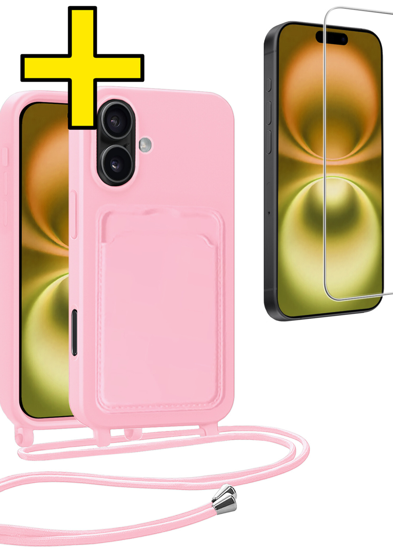 LUQ LUQ iPhone 16 Hoesje Pashouder met Koord Met Screenprotector - Lichtroze