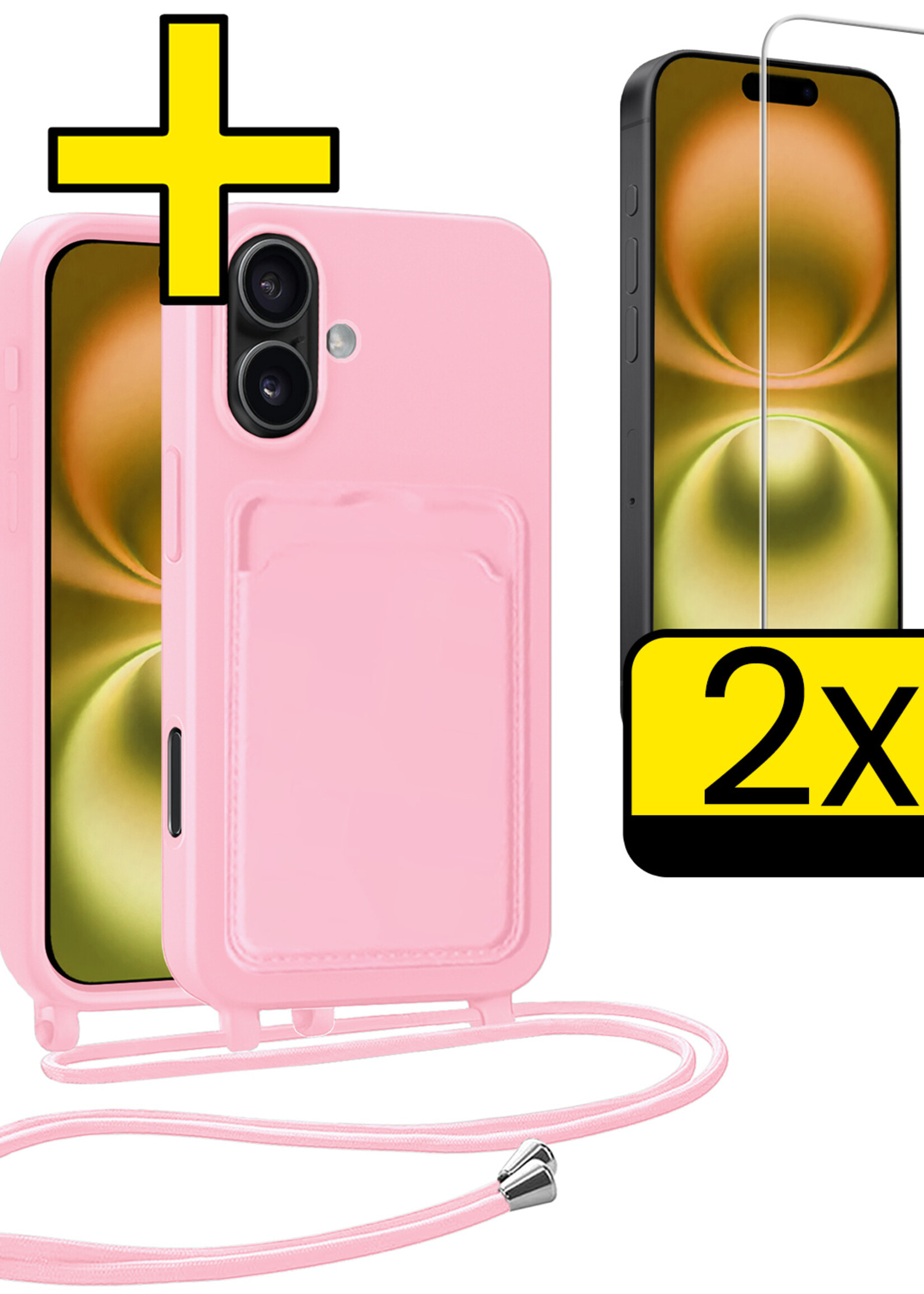 LUQ LUQ iPhone 16 Hoesje Pashouder met Koord Met 2x Screenprotector - Lichtroze