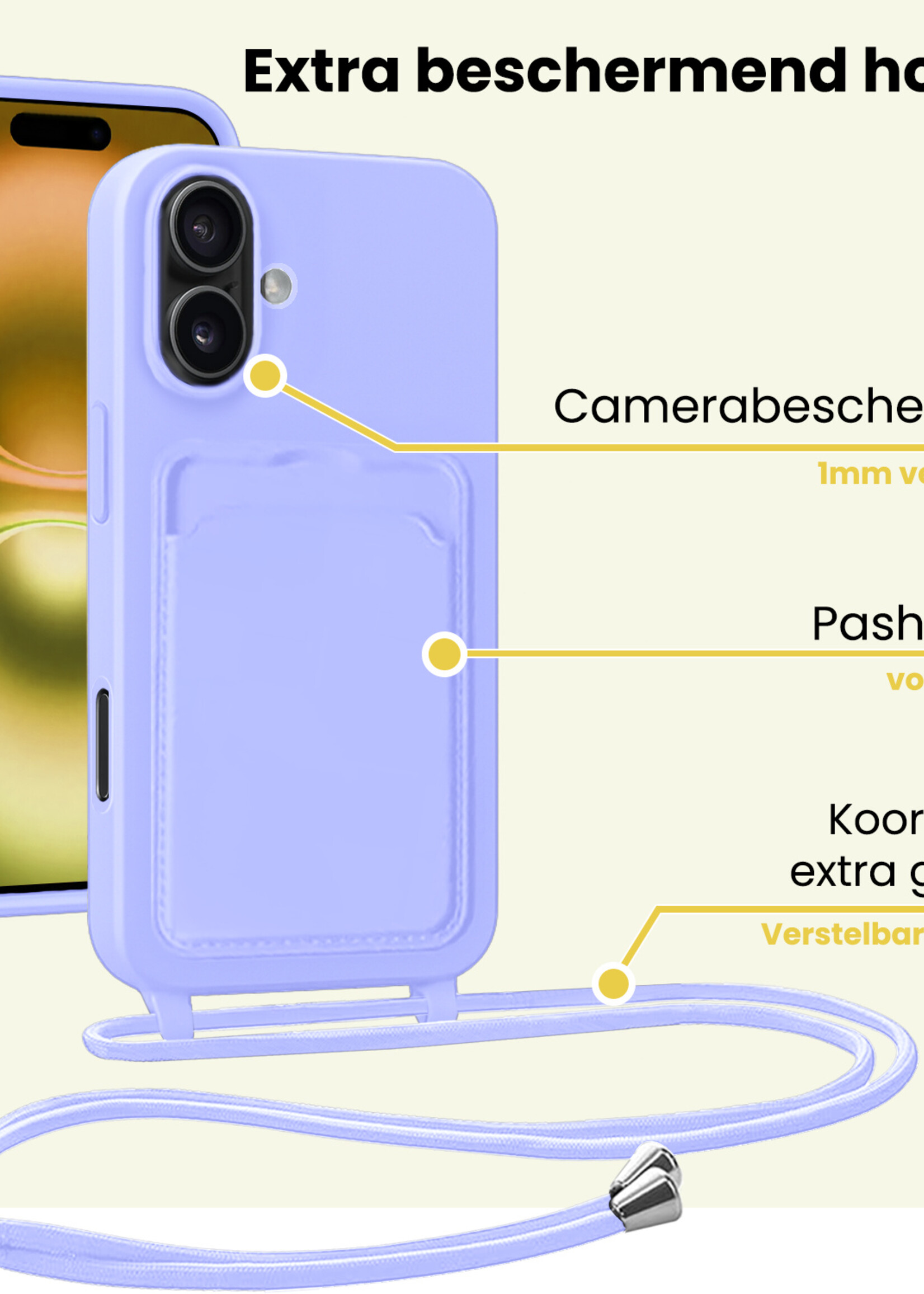 LUQ LUQ iPhone 16 Hoesje Pashouder met Koord - Lila