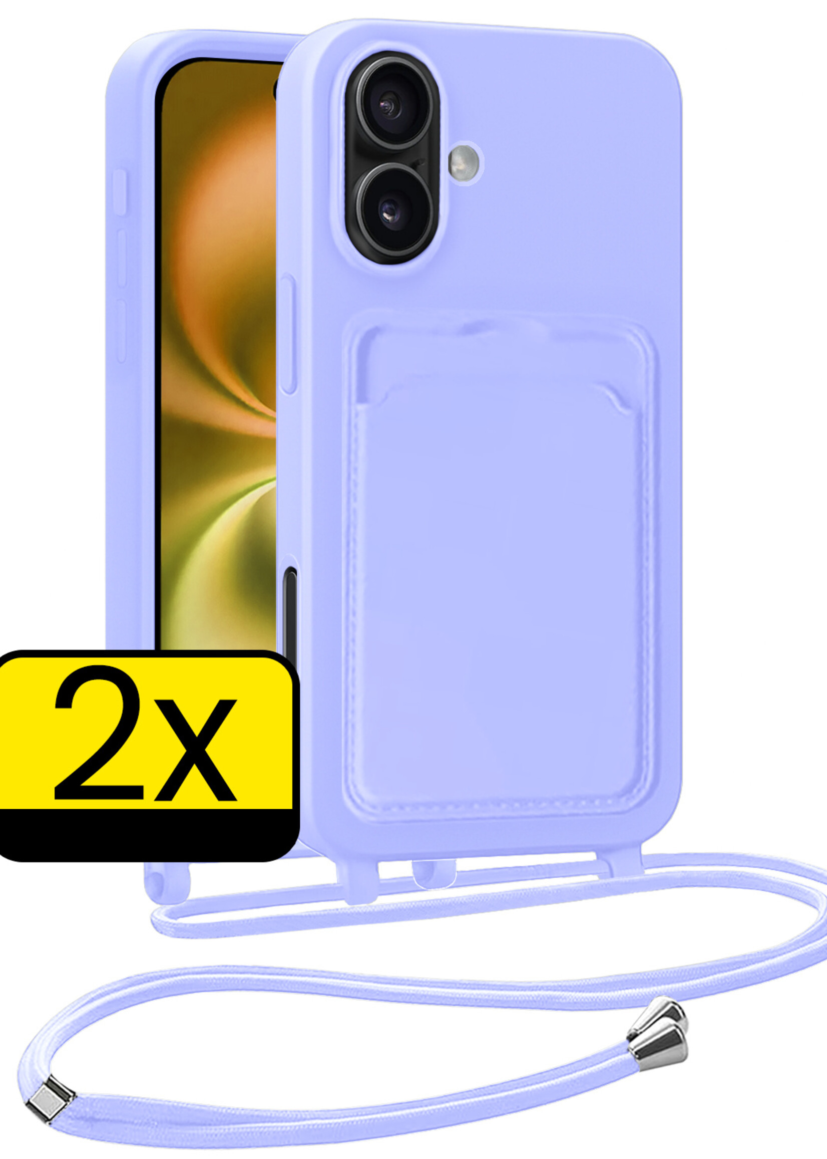 LUQ LUQ iPhone 16 Hoesje Pashouder met Koord - Lila - 2 PACK