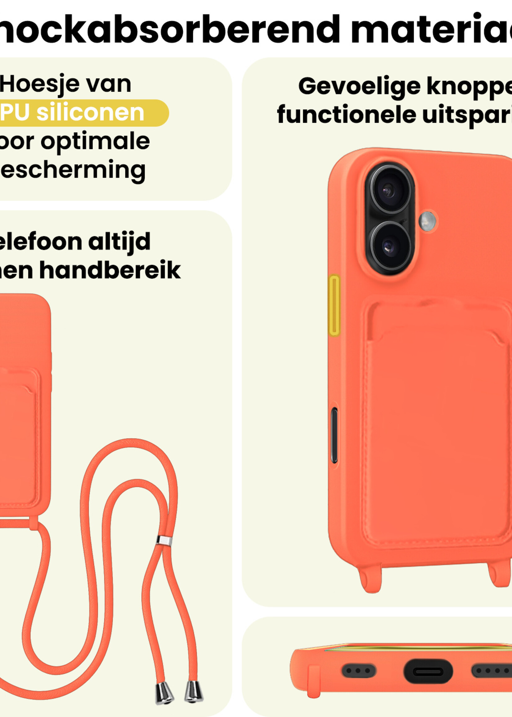 LUQ LUQ iPhone 16 Hoesje Pashouder met Koord - Papaya
