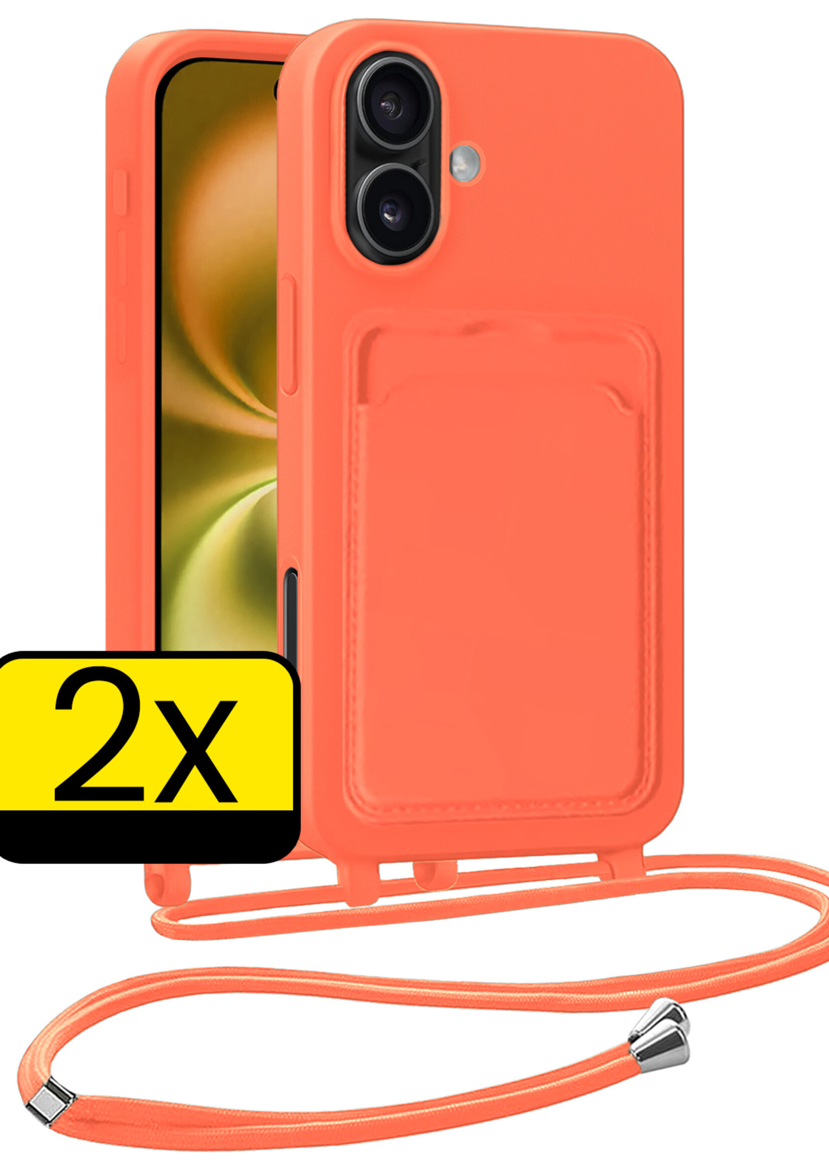 LUQ LUQ iPhone 16 Hoesje Pashouder met Koord - Papaya - 2 PACK