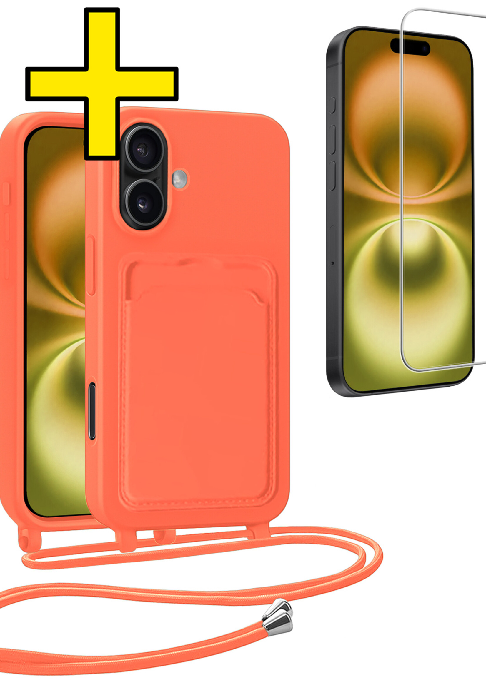 LUQ LUQ iPhone 16 Hoesje Pashouder met Koord Met Screenprotector - Papaya