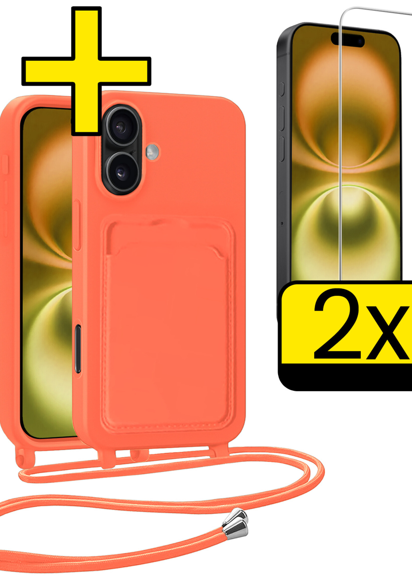 LUQ LUQ iPhone 16 Hoesje Pashouder met Koord Met 2x Screenprotector - Papaya